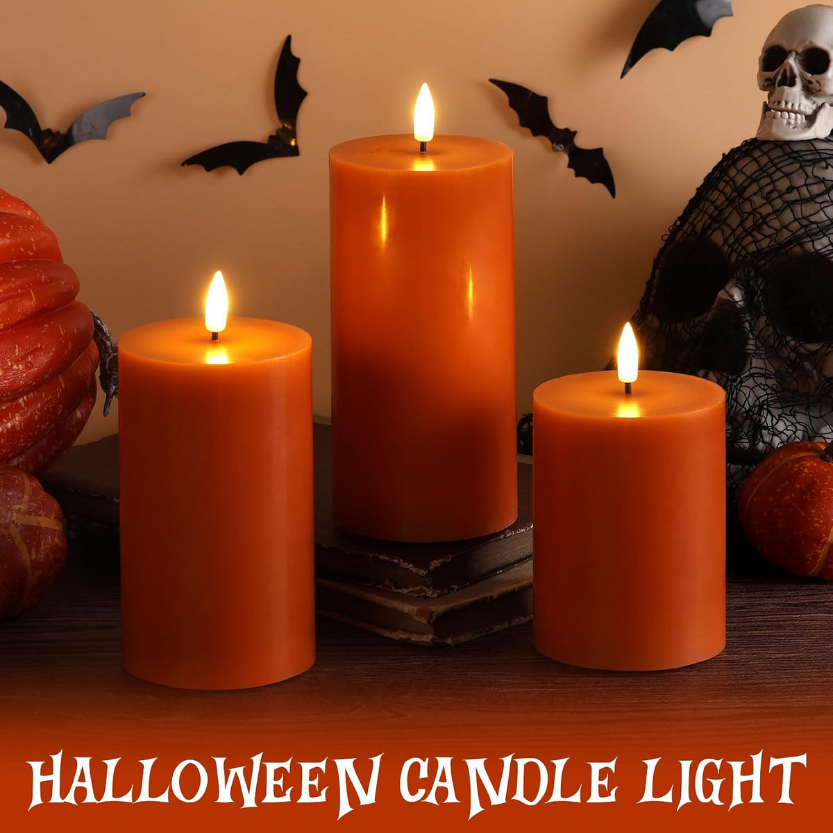 Burnt Orange Fall Halloween Flameless Pillar Candles with Remote Set of 3 | Flickering LED Wax Candles, 2 AA Battery