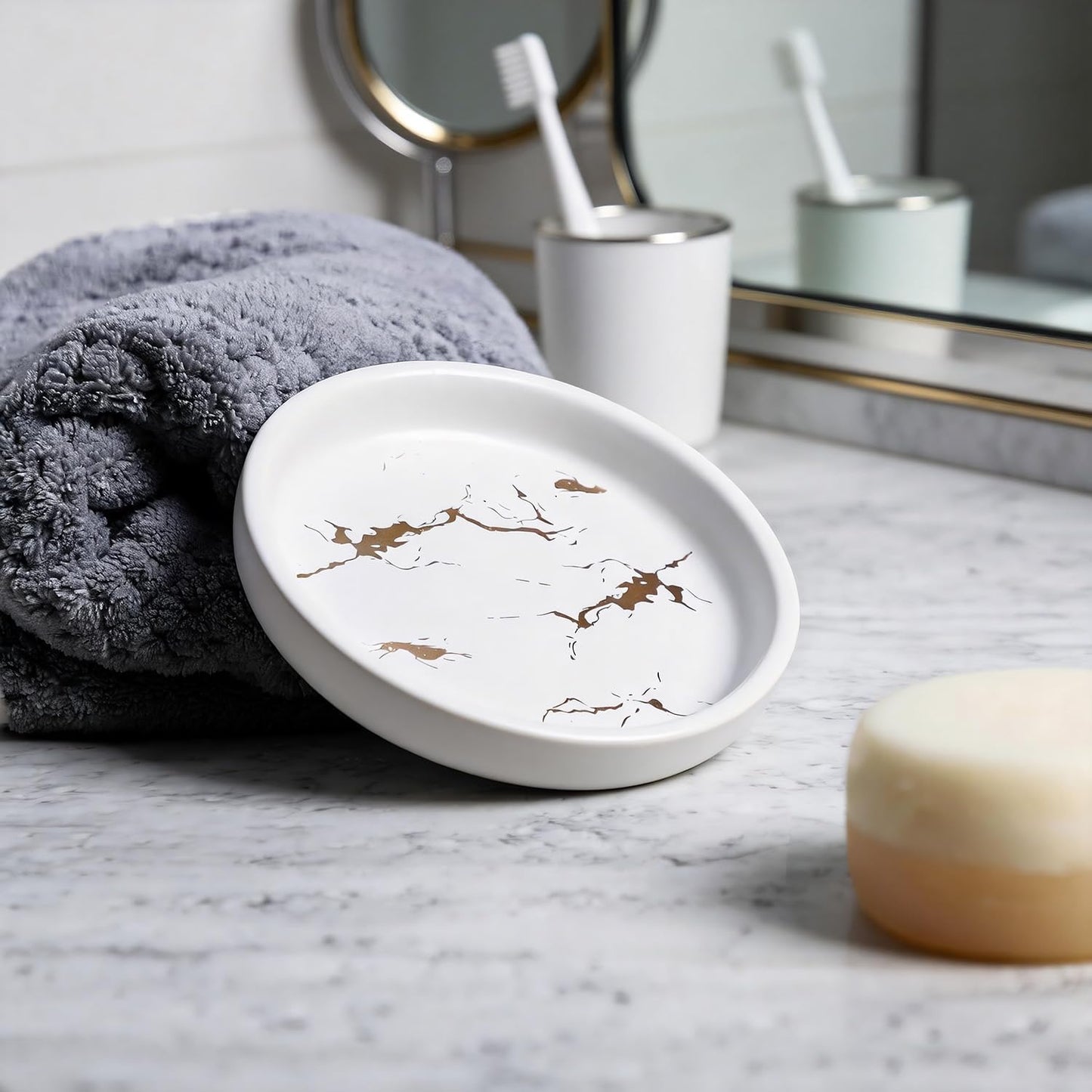 Marble Pattern Round Ceramic Soap Dish Bathroom Soap Tray / White / 4 Inch