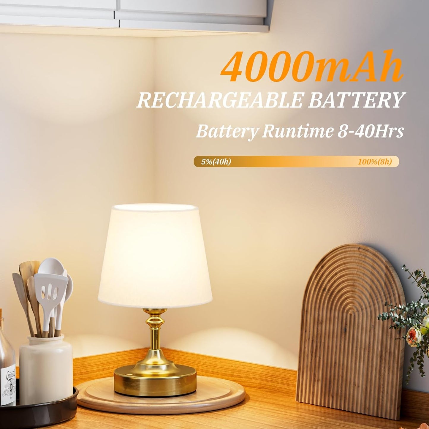 Kakanuo Mini Cordless Table Lamp Gold - 1 Pack 4000mAH Battery Operated Lamp for Decor, 3000K Stepless Dimming Touch