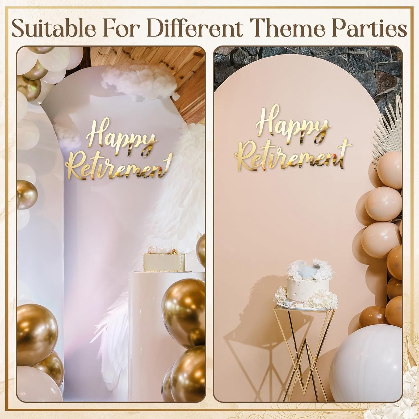 Happy Retirement Acrylic Mirror Decal Letter Sticker for Arch Backdrop / Golden / 20 Inches / Gold