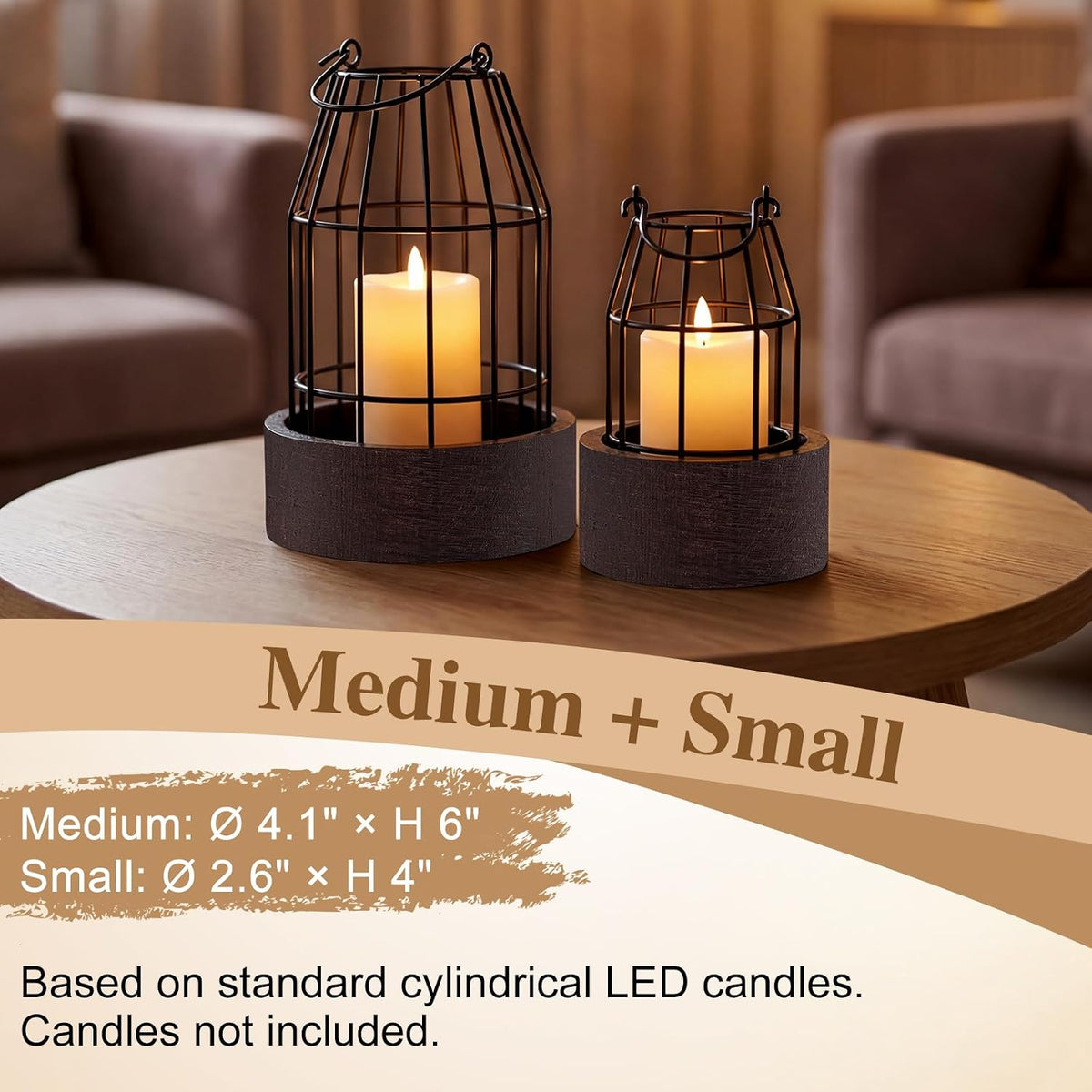 Modern Rustic Farmhouse Candle Lantern Set of 5, Small, Black, Brown | Decorative Lanterns Centerpieces with Tray for