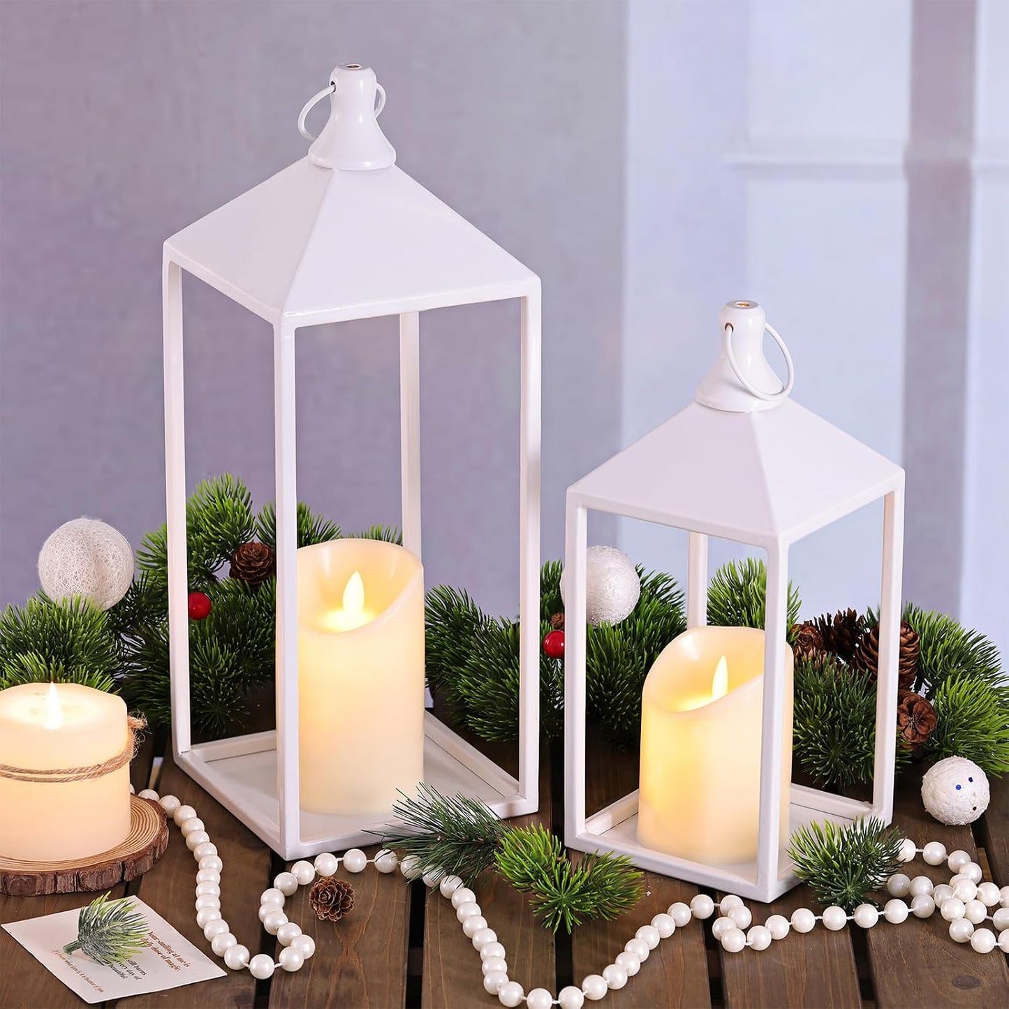 2 Pcs Wedding Lanterns Decorative with Candles White Farmhouse Lanterns | Glass-free Metal Decorative Candle Lanterns