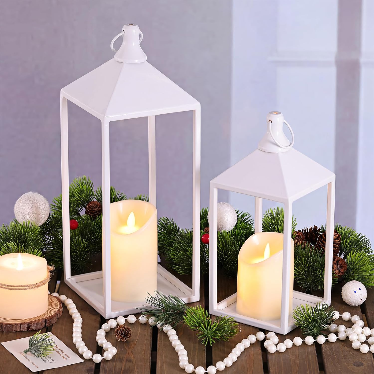 2 Pcs Wedding Lanterns Decorative with Candles White Farmhouse Lanterns | Glass-free Metal Decorative Candle Lanterns