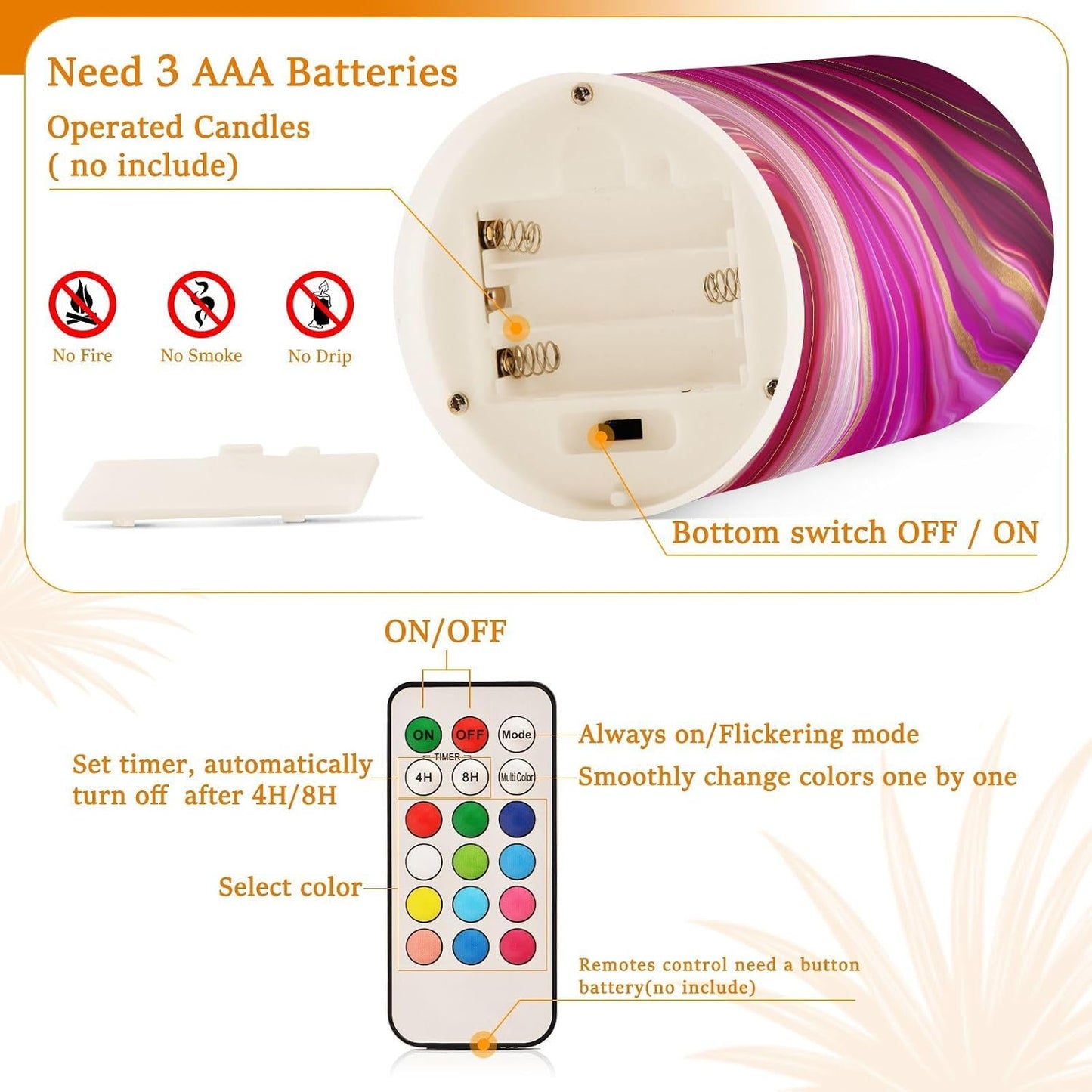 Flickering Flameless Candles, Fuchsia Gold Fluid Marble LED Candles with Remote Timer, Set of 2 Battery Operated Candle