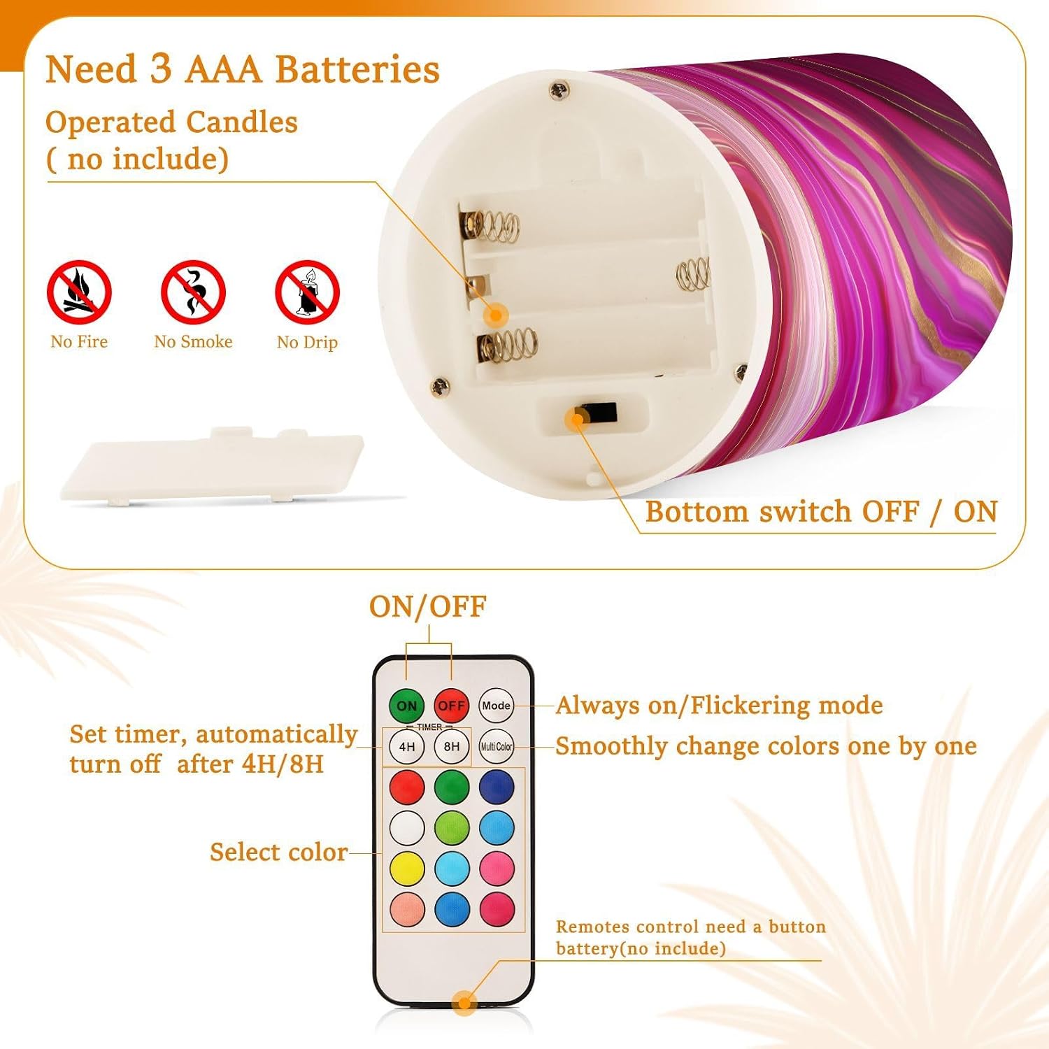 Flickering Flameless Candles, Fuchsia Gold Fluid Marble LED Candles with Remote Timer, Set of 2 Battery Operated Candle