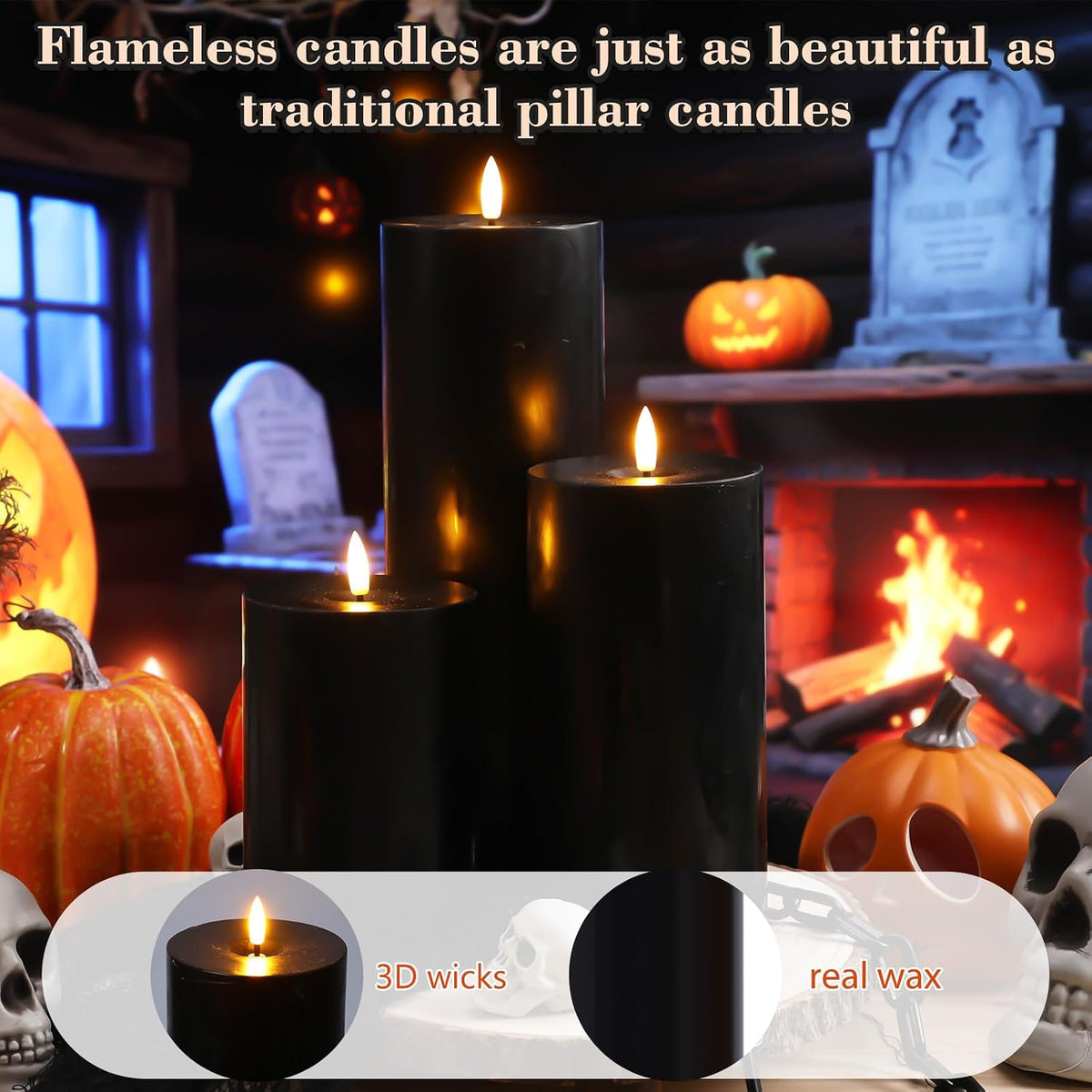 3 Pcs Halloween 6/8/12 Inches Black Flameless LED Candles with Remote and 2/4/8h Timer Battery Operated Electric Wax