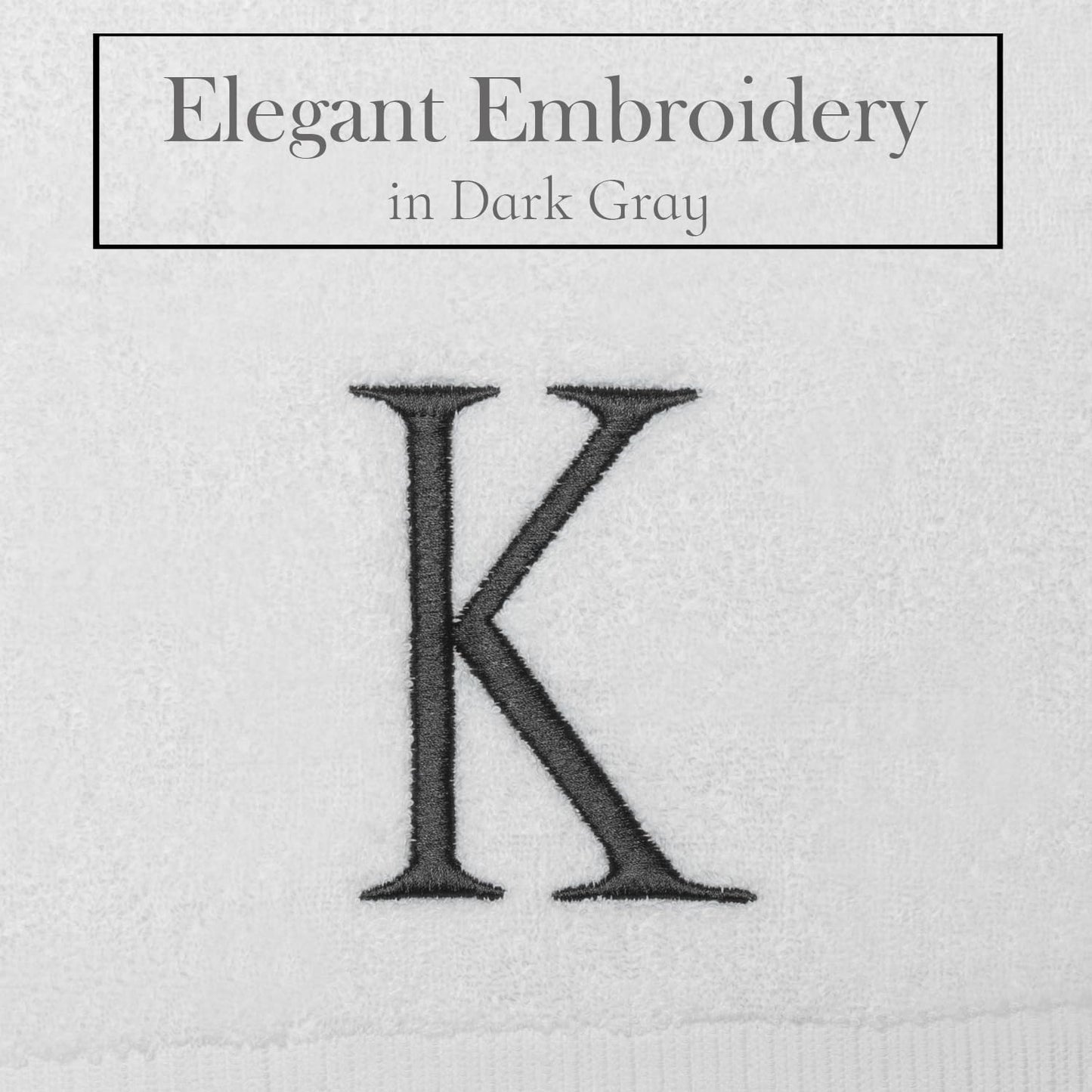 White with Dark Gray Monogrammed Hand Towels for Bathroom Set of 2 Letter K | Luxury Hotel Quality Initial Towels For