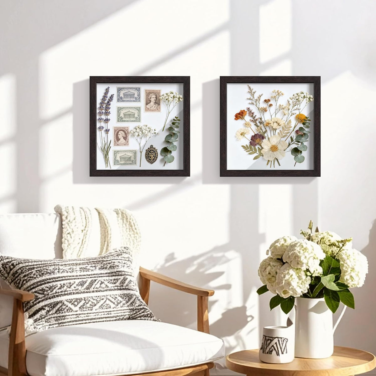 10x10 Brown Wooden Shadow Box Frame, 1.2" Deep, Tempered Glass | Black Backboard, Tabletop & Vertical/Horizontal Wall