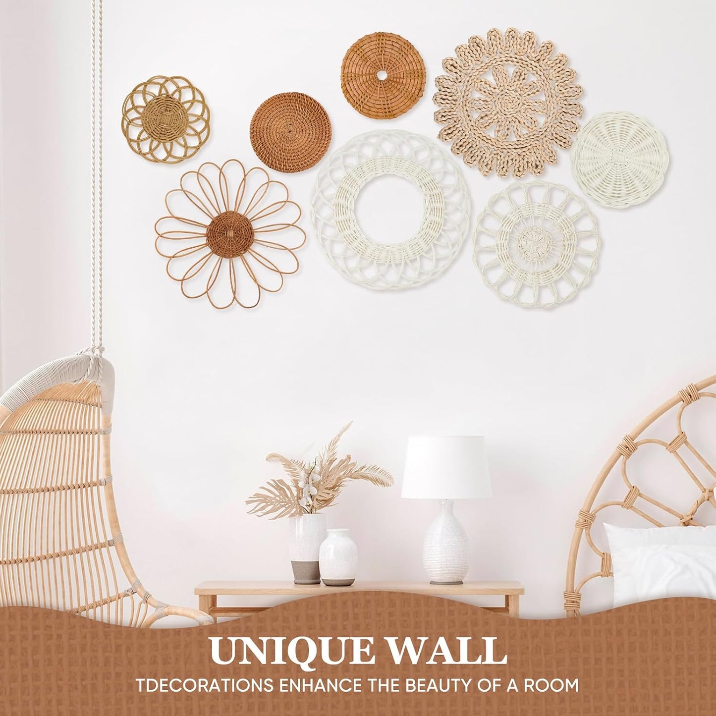 Boho Wall Basket Decor / Classic Rattan / Set of 8