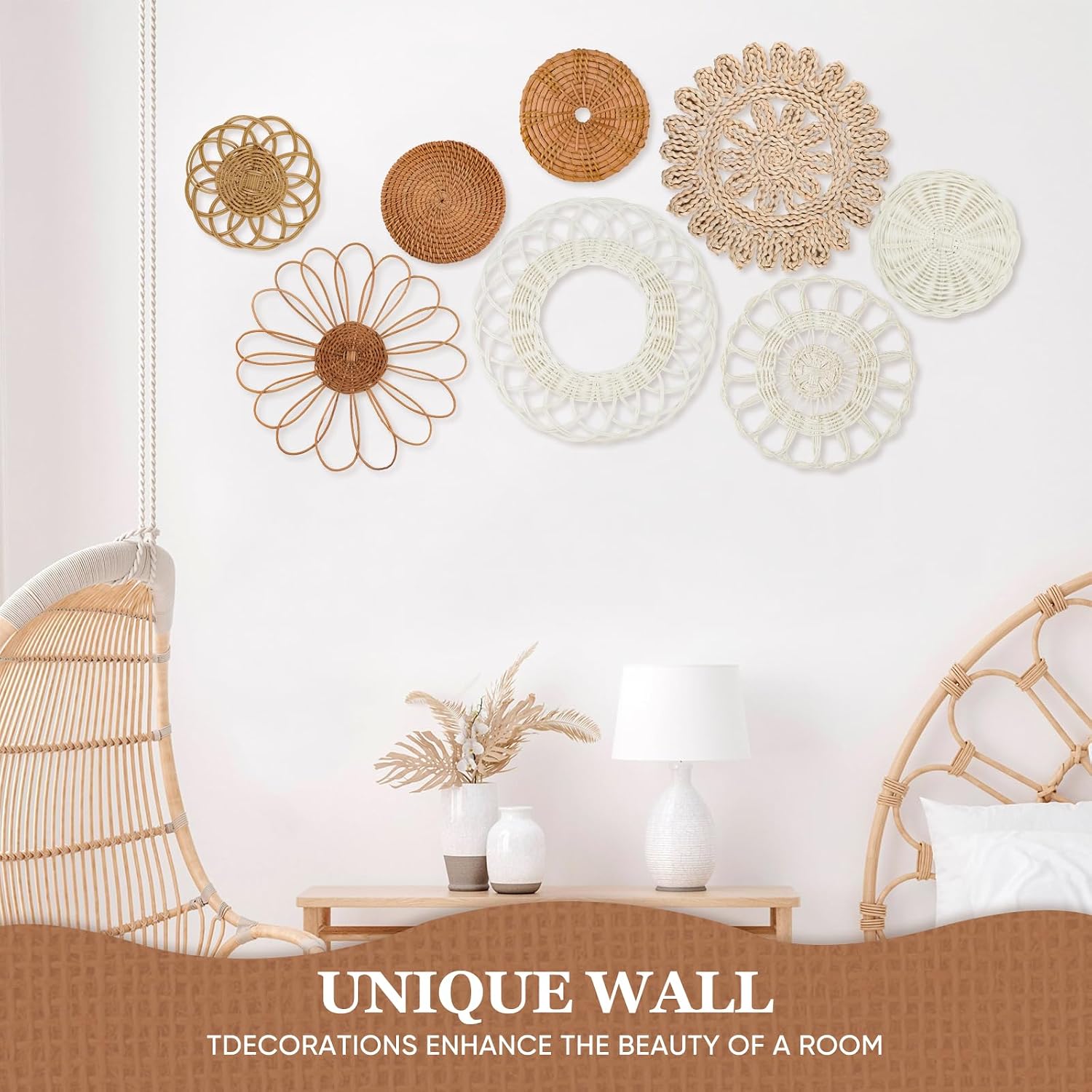 Boho Wall Basket Decor / Classic Rattan / Set of 8