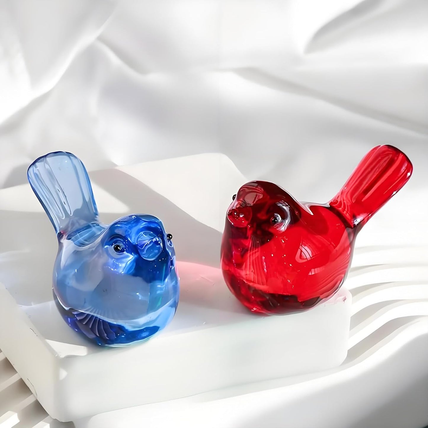 Glass Bird Statues Crystal Bird Figurines Handmade Modern Animal Statue Ornament / Blue / Set of 2
