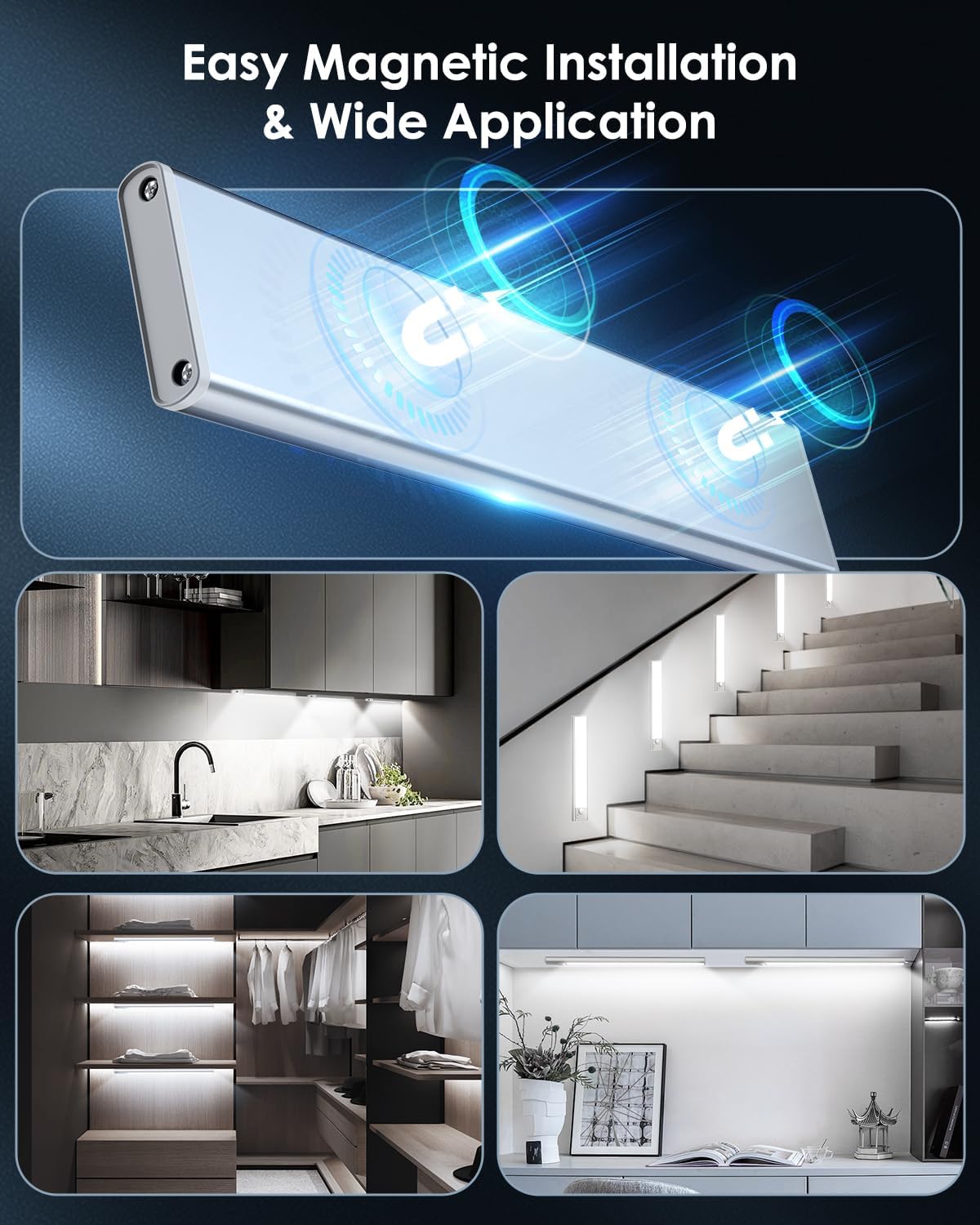 VerRon 12inch Under Cabinet Lighting Rechargeable 5-Pack | 2500mAh Rechargeable Battery, Wireless Installation, LED