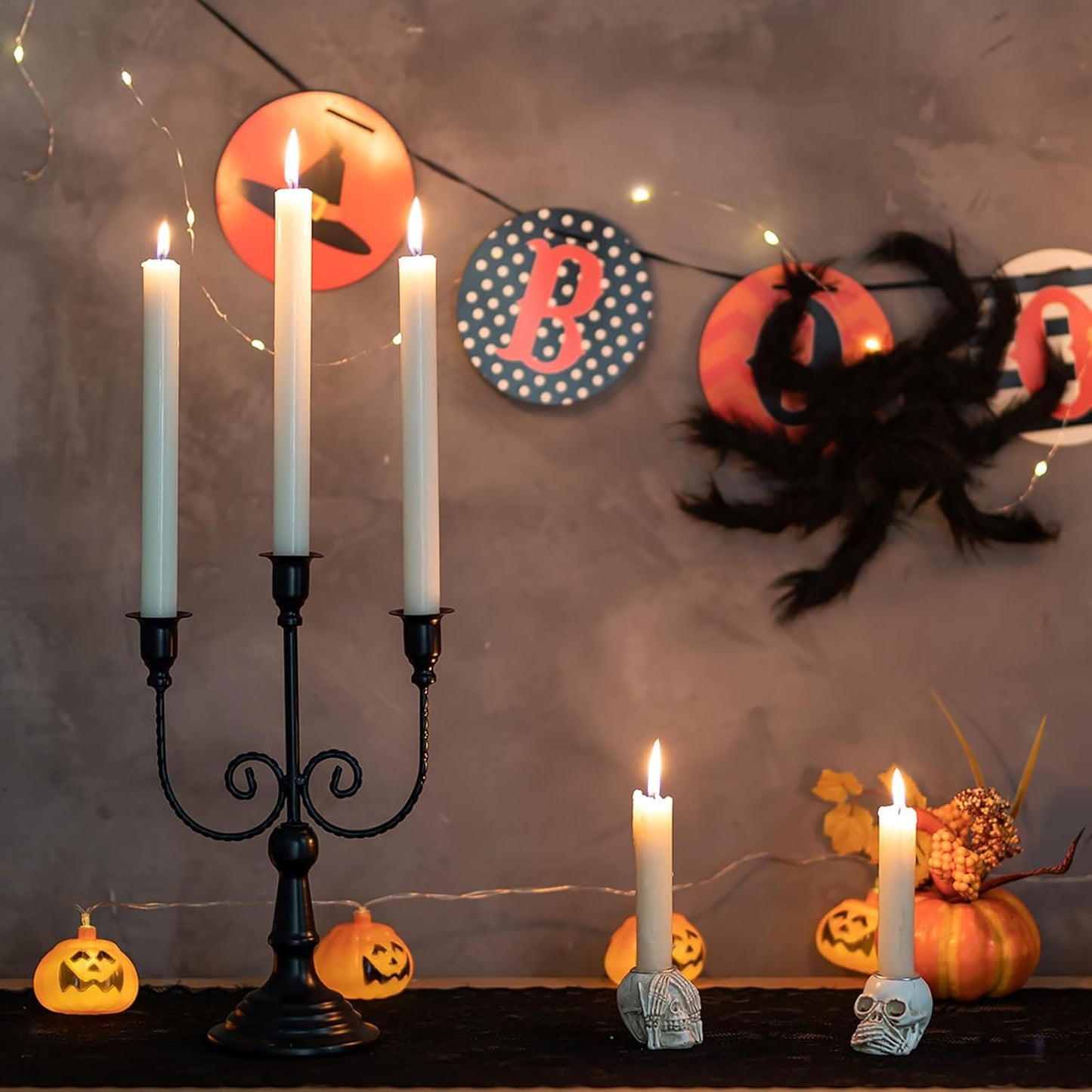 Romadedi Halloween Candelabra, Black 3-Arm Candle Holders, Set of 2 | Metal Taper Candlestick Holder for Mantel, Dining
