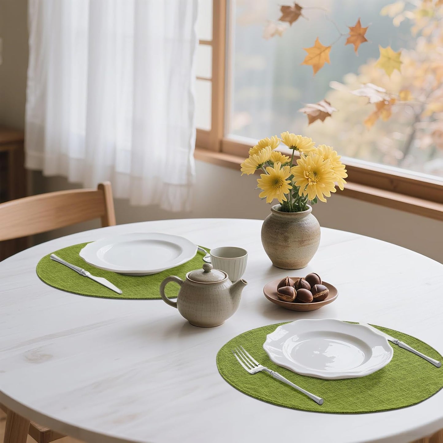 Cotton Linen 15 Inch Round Cloth Place mats, Set of 6, Grass Green | Washable Table Mats, Heat Resistant, Reversible