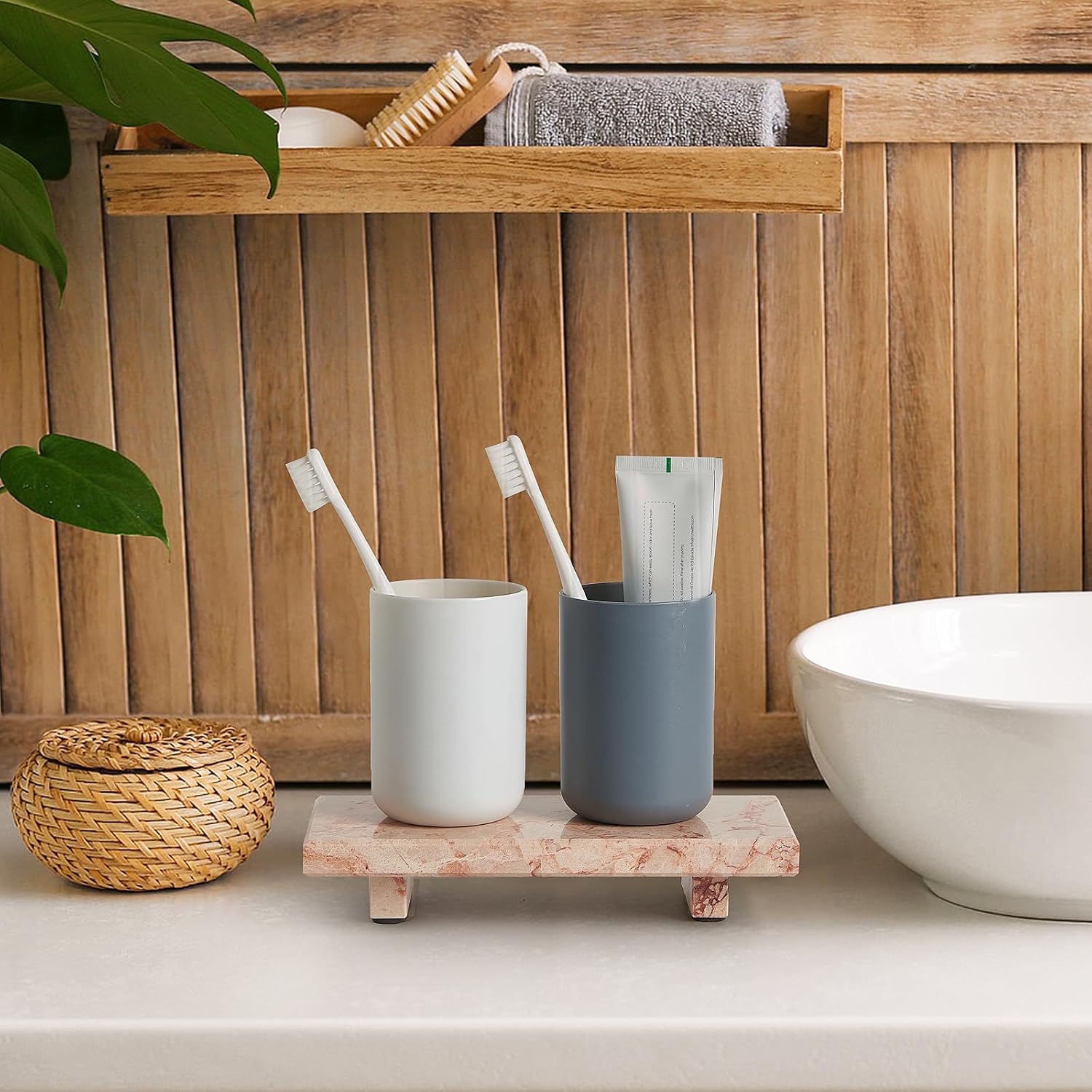 Vanity Organizer / Natural Marble Tray Pedestal Stand / Pink / 8.7 x 4 x 1.6