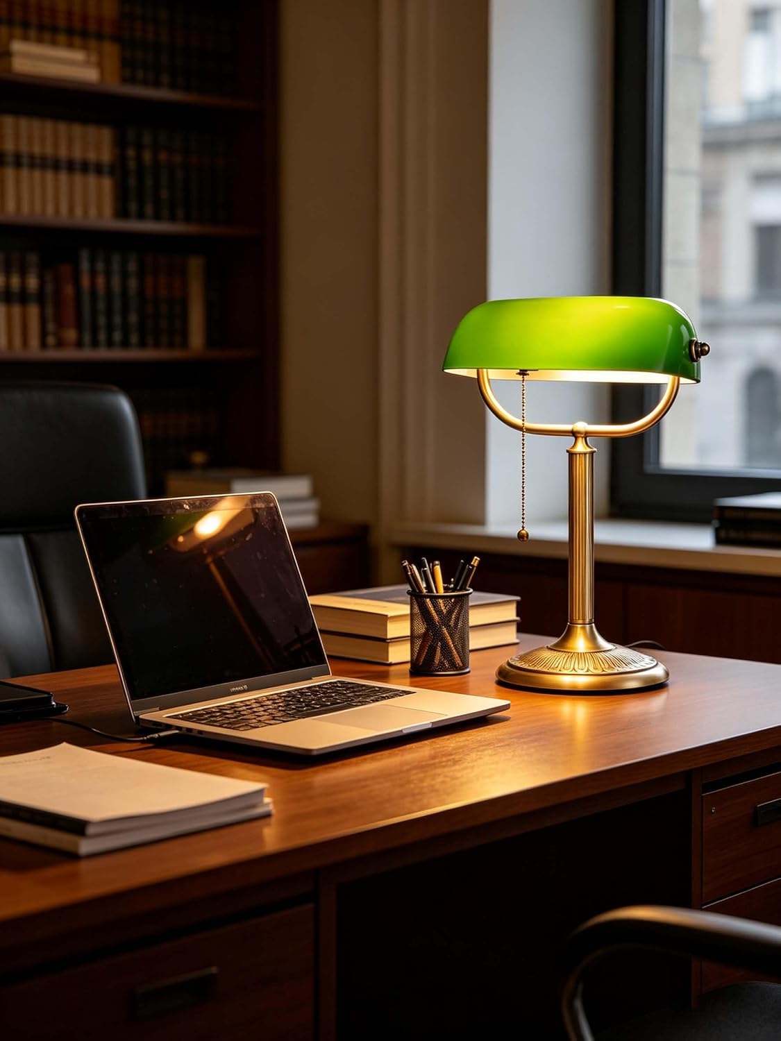 1-Minute Quick-Change Shade Classic Green Glass Bankers Desk Lamp | Study Office Library, LED Bulb Included
