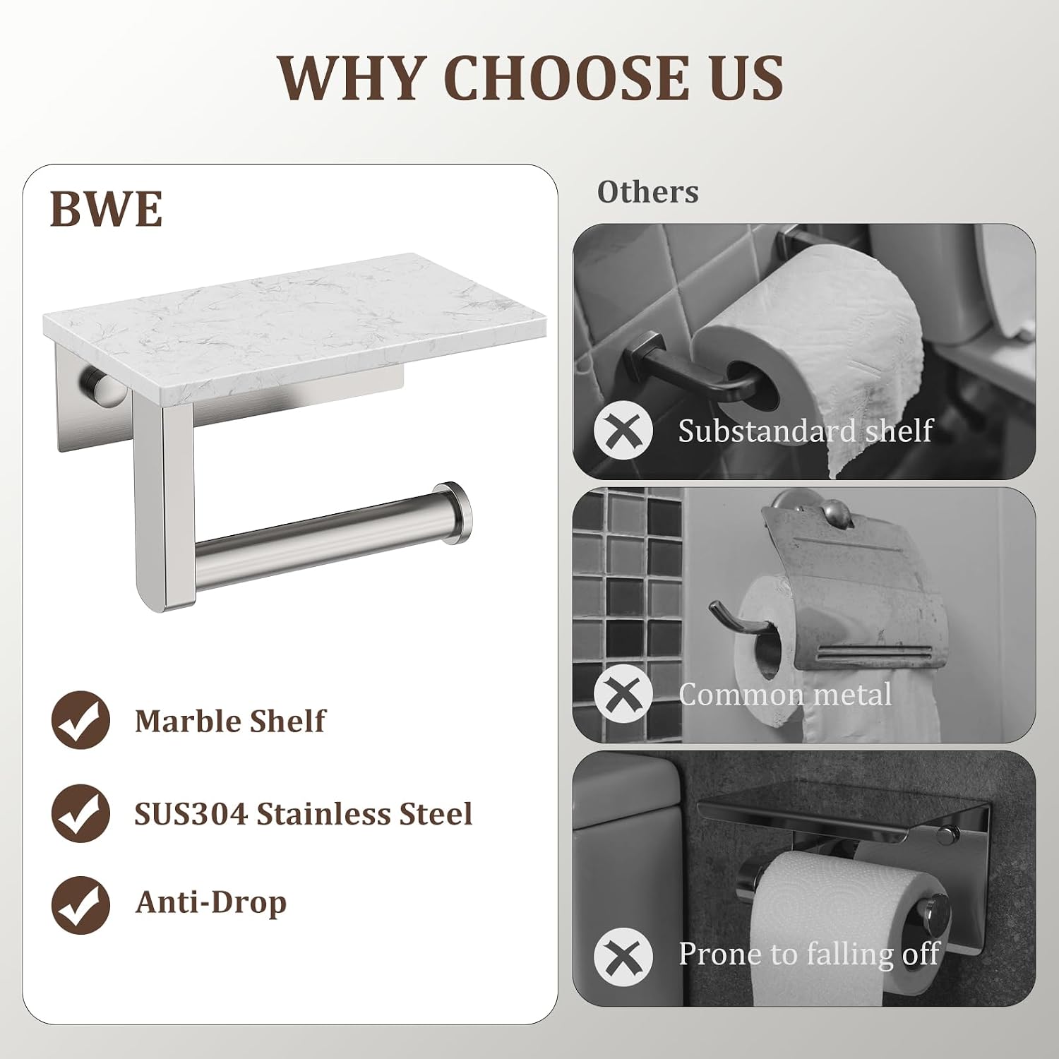 BWE Brushed Nickel Toilet Paper Holder with Marble Shelf Wall Mounted | Toilet Paper Roll Holder with Phone Shelf 304