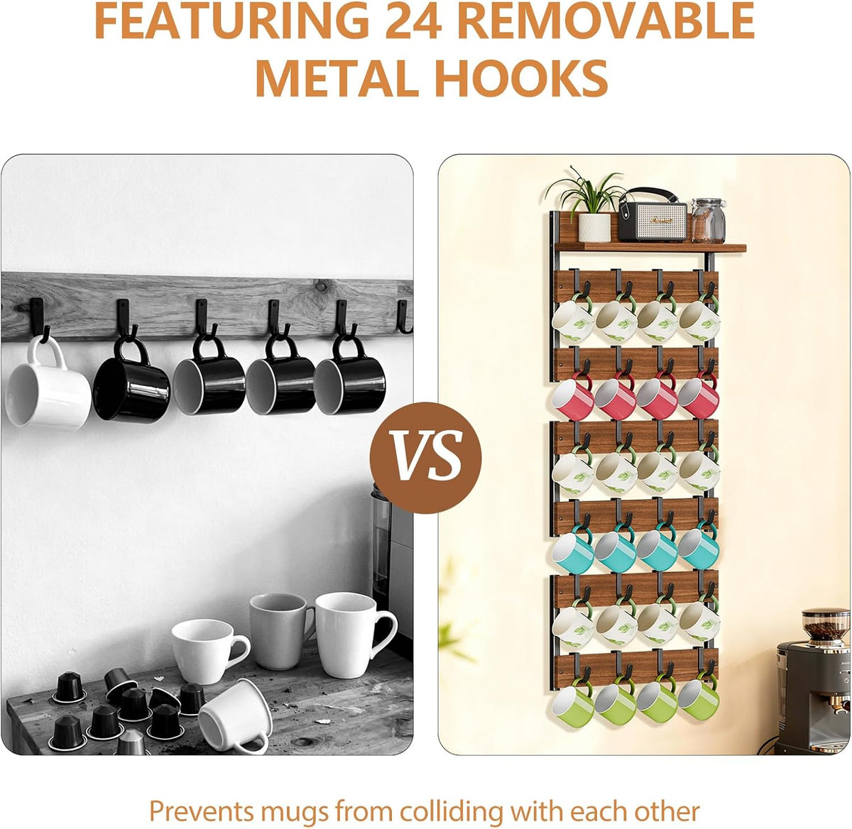 Mug Rack for Wall, Coffee Cup Holder Wall Mount with 24 Adjustable Hooks | Coffee Mug Holder with Top Display Shelf for