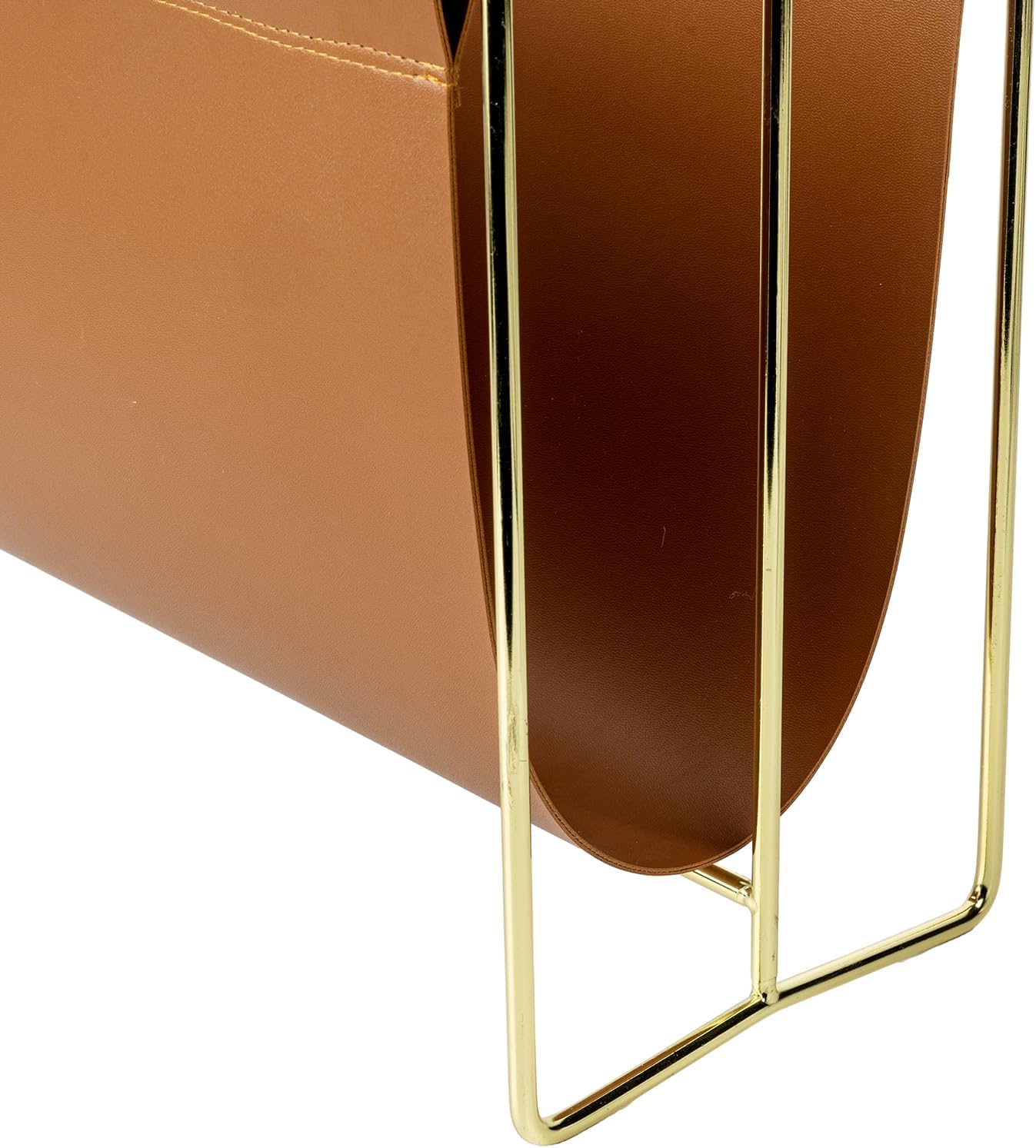 MyGift 15-Inch Magazine Holder Brown Leatherette Sling & Brass Plated Metal | Modern Metal Frame Faux Leather Sling
