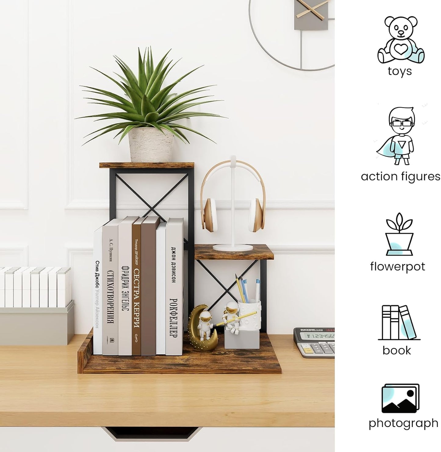 Wood Desktop Organizer Small Bookshelf / Rustic Brown Black