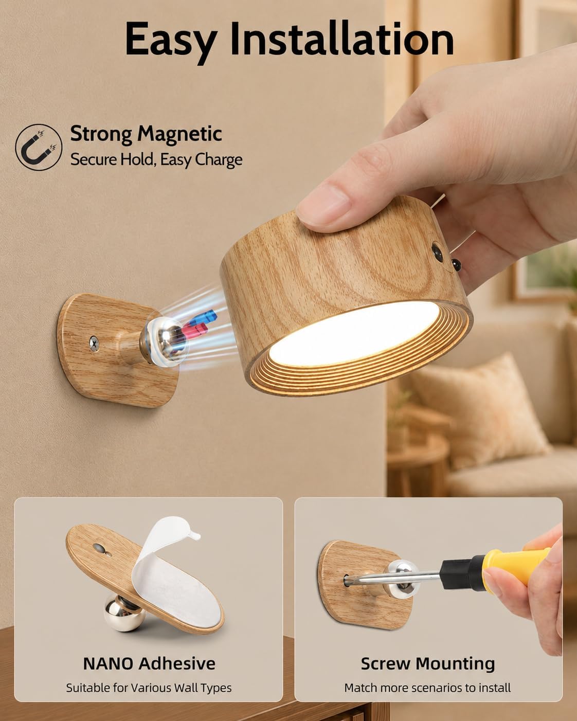 LED Wall Mounted Lights, Rechargeable Wall Sconces, 3 Color Temps, Remote & Touch, 360° Rotating and Dimmable for