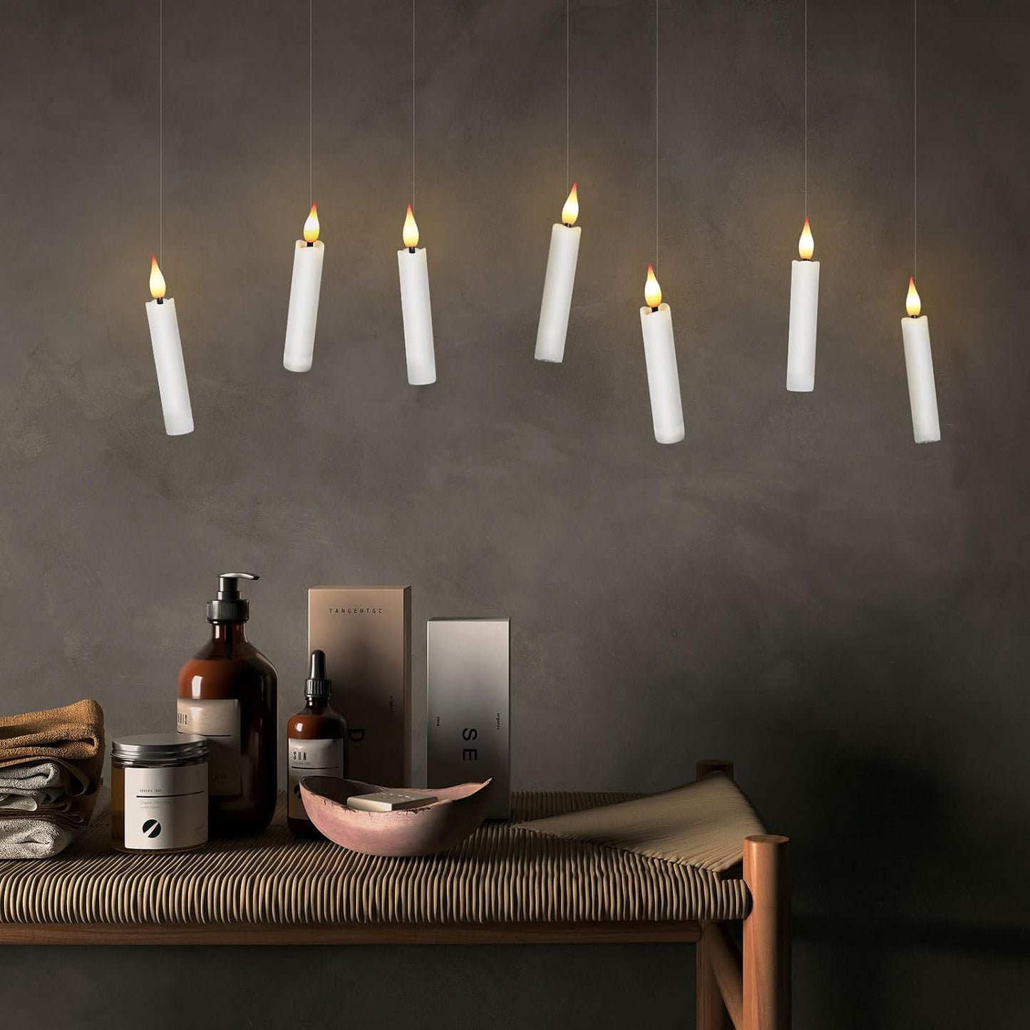 IMAGE 24Pcs LED Taper Candles Light Set Floating Effect with Fishing Line Flameless 3D Wick Ivory Candles with Clip-on