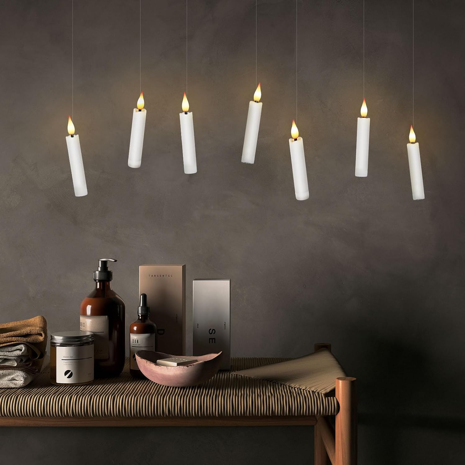 IMAGE 24Pcs LED Taper Candles Light Set Floating Effect with Fishing Line Flameless 3D Wick Ivory Candles with Clip-on