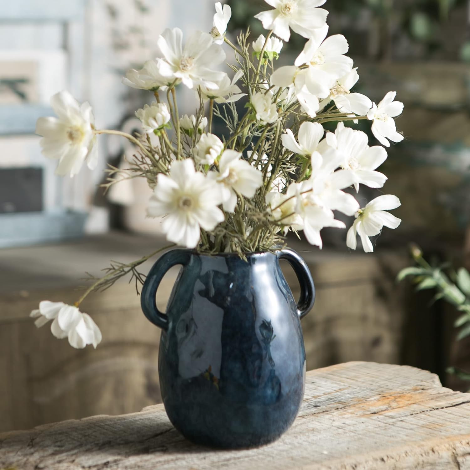 Blue Ceramic Vase / Double Handle - Blue