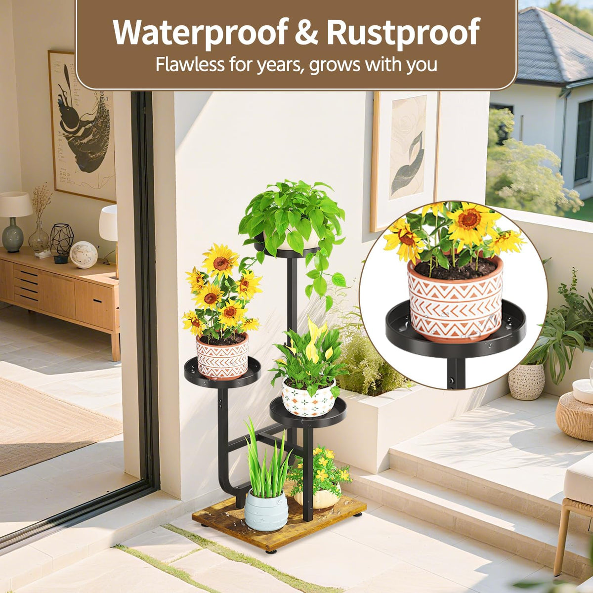 LASZOLA Plant Stand Shelf Tall for Indoor Corner, 3 Tier Metal Black | Modern Multiple Flower Display Rack with Wooden