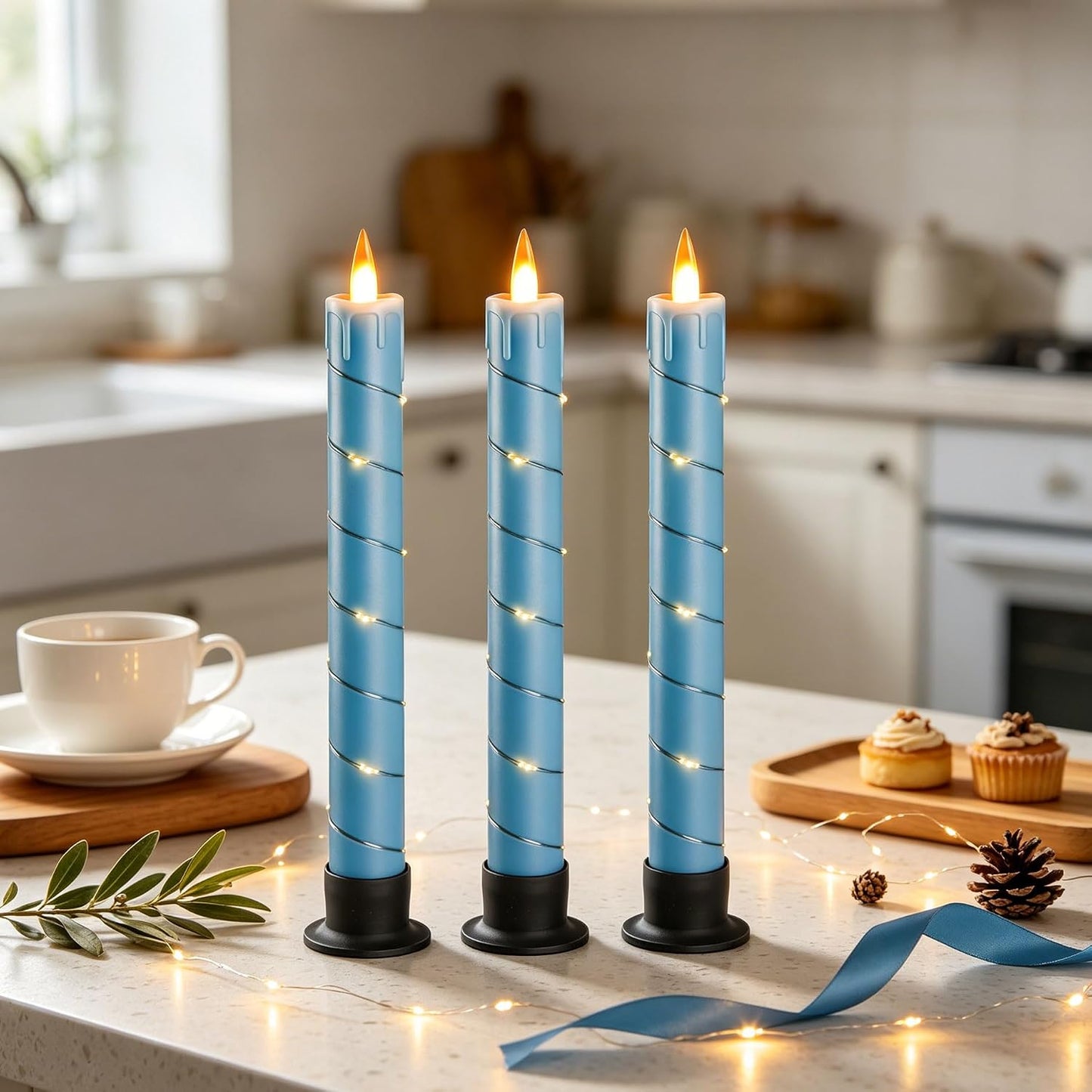 3 Pack Blue Dripping Wax Flameless Candles, Realistic Dynamic Flame LED Taper Candles with Surrounding Fairy String