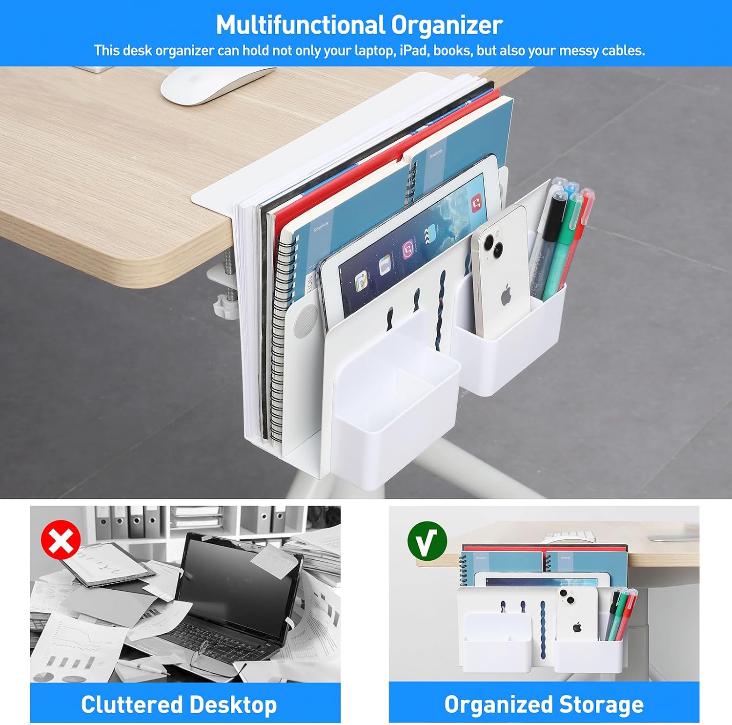 MAXECHO Desk Side Storage, Under Desk Laptop Mount, Table Side Hanging File Organizer, No Drill Clamp On Cable