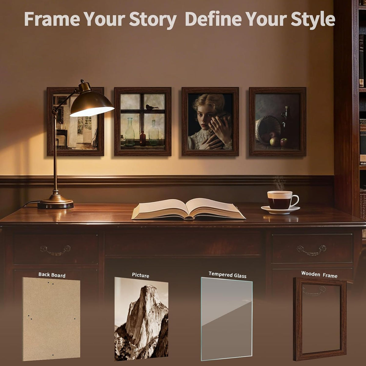 8x10 Picture Frame 4 Pack, Brown Solid Wood Photo Frame with Glass | Tempered Glass, Thick & Wide Border, Vertical or