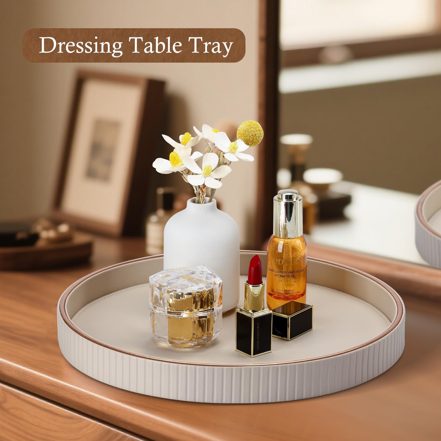 12" Round Decorative Tray / Beige