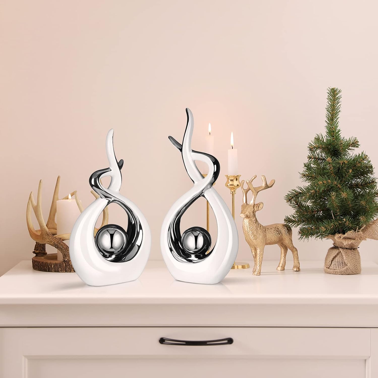 Modern Room Ceramic Decor Center Pieces Table Decorations Ceramic Statue / White, Silver / Set of 2