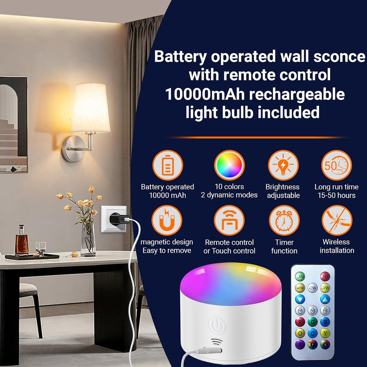 Wall Sconce Battery Operated Wall Light Fixure with Remote Control, Dimmable Battery Operated Wall Sconces Set Of Two