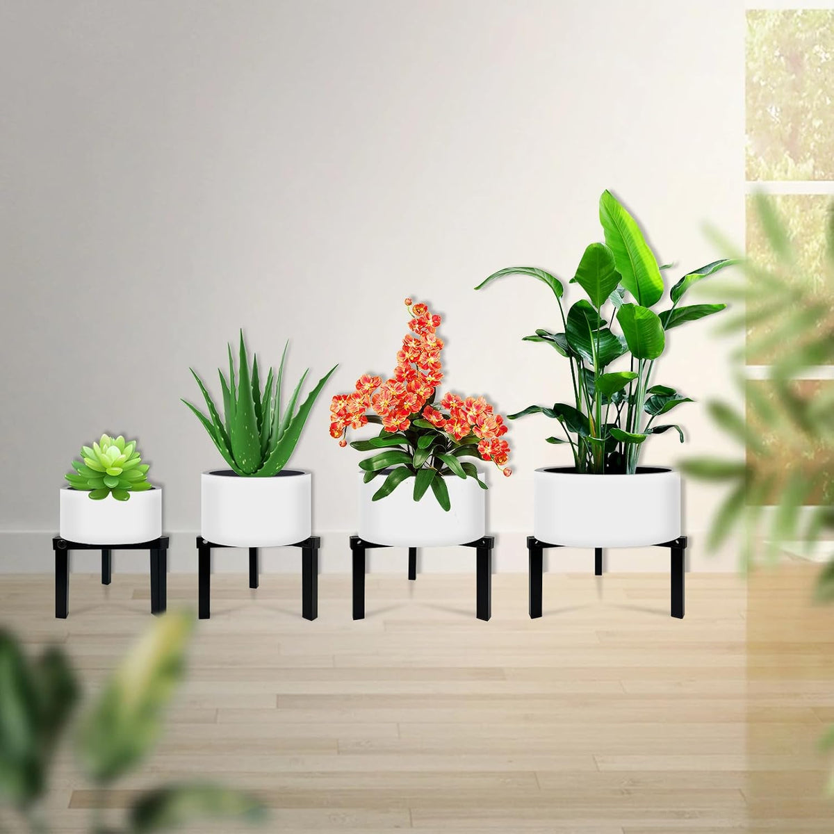 4 Pcs Three Legs Adjustable Metal Plant Stand for 5"-10" Plant Pot – Indoor & Outdoor (Black, 4 Pack)