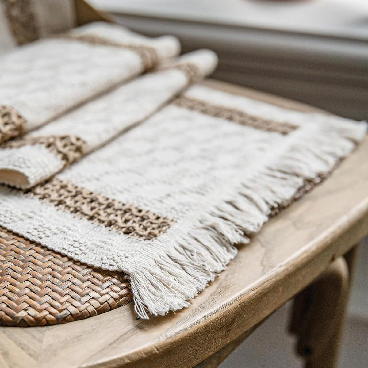 Boho Placemats Set of 8, 12x18 Inch Natural Cotton Burlap and Kitchen Woven Placemats with Tassels for Dining Table