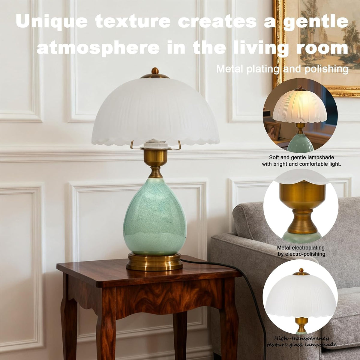 Ceramic Retro Table Lamp, Vintage, 15", Chinoiserie Green Glass | Traditional Design, For Living Room, Bedside