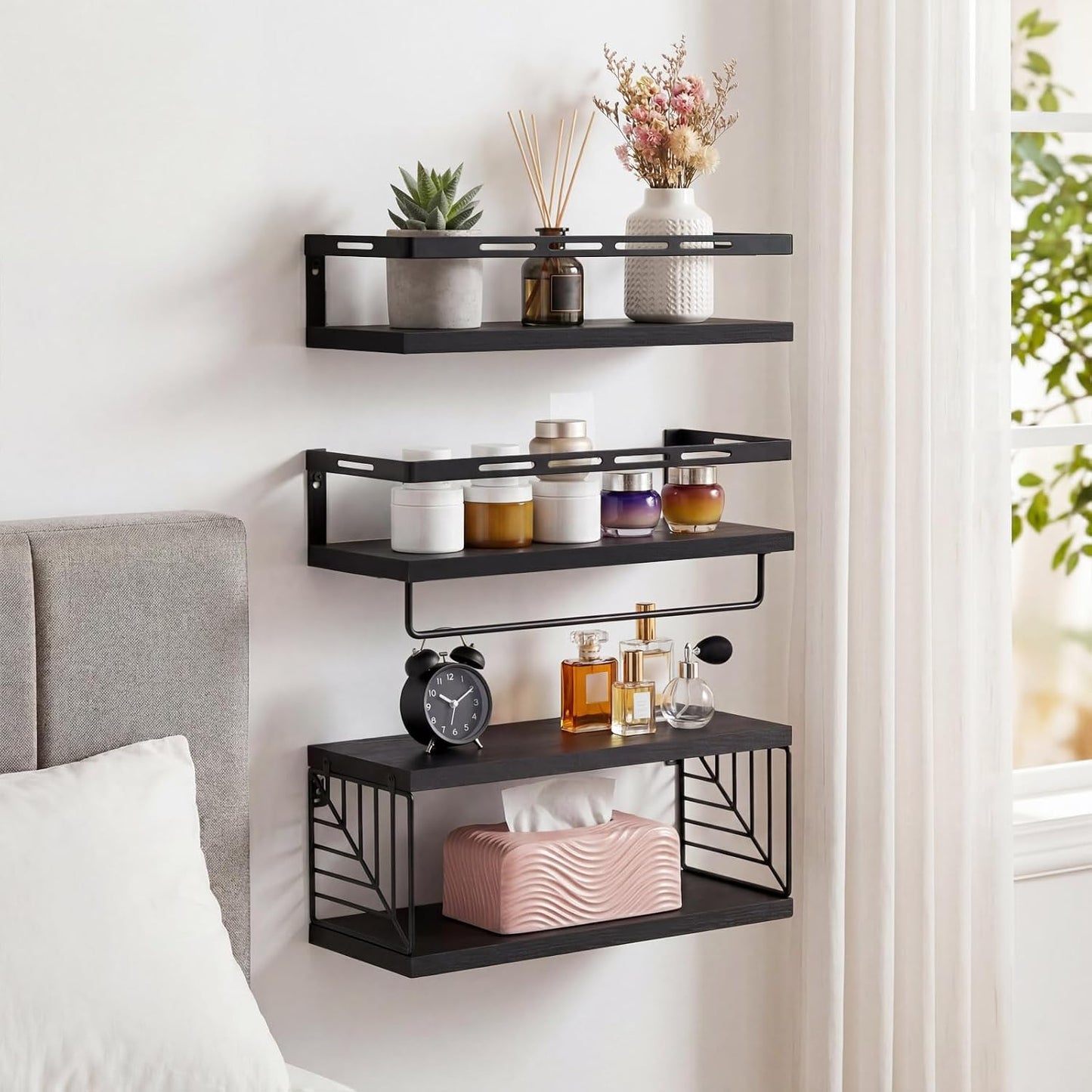 Fixwal Wall Mounted Bathroom Shelves Over Toilet (3+1 Black) | Wall Shelf with Basket Storage , Towel Bar, Solid Wood