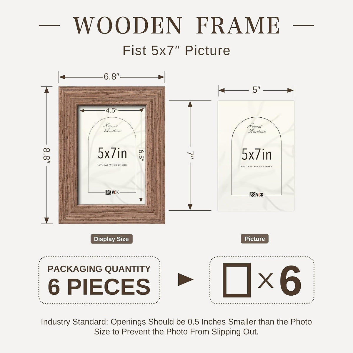 VCK 5x7 Picture Frame Set of 6, Elegant Walnut Wood Portrait Frame | 1.1in Wide Border, Tabletop/Wall Hanging, HD