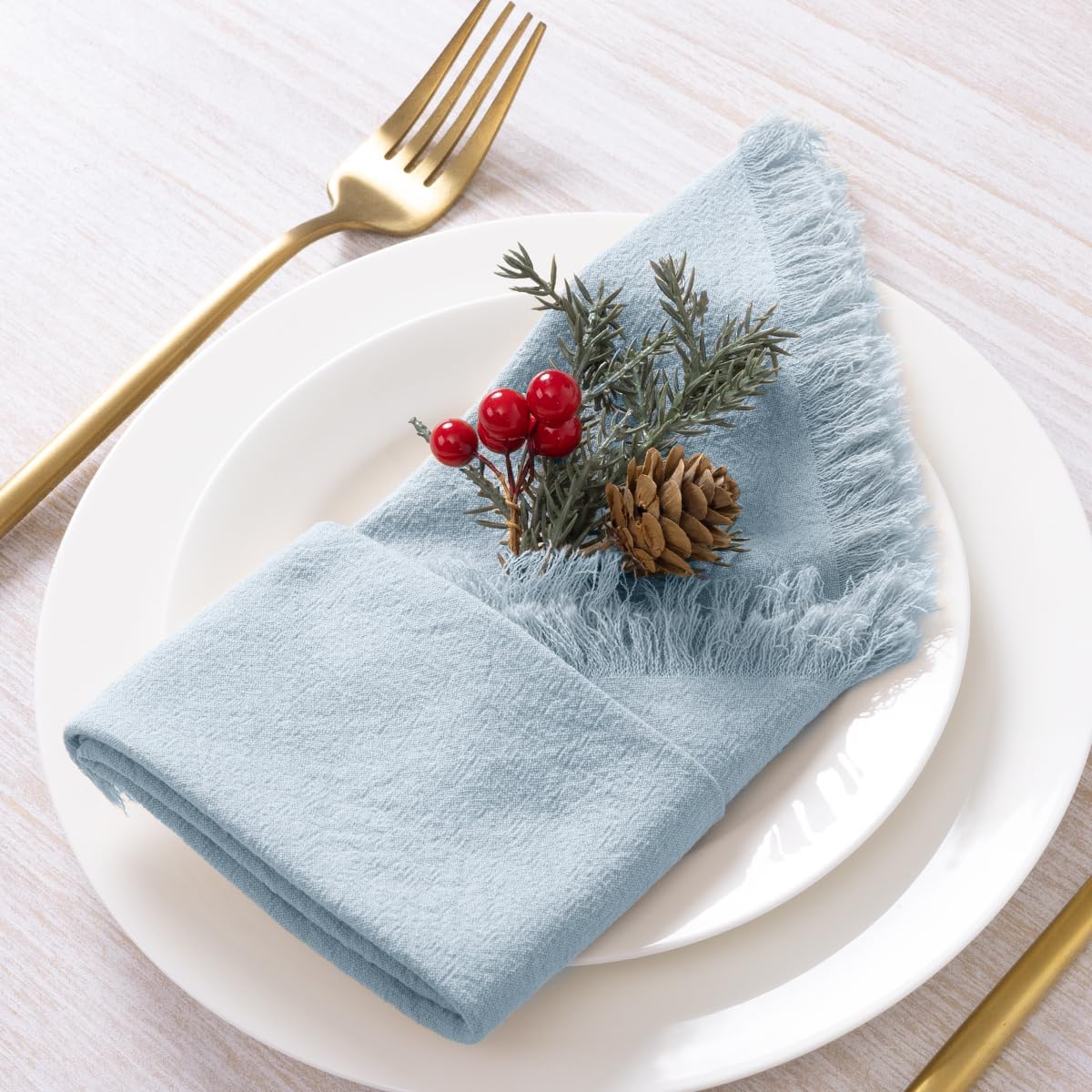 DeZerlor Grey Blue Summer Cotton Linen Washable Cloth Napkins Set of 12 | Reusable Boho Handmade Table Napkins Bulk