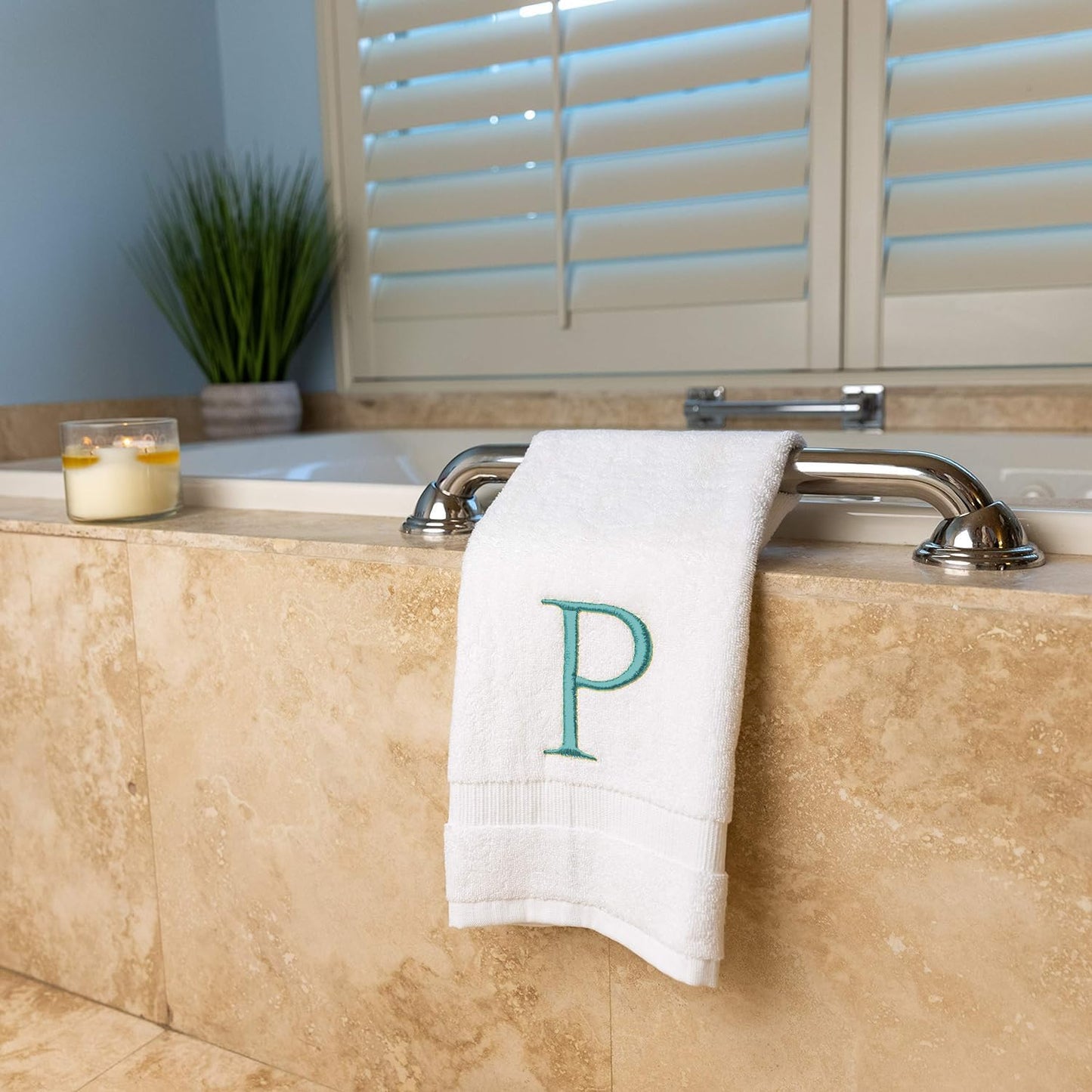 White with Teal Monogrammed Hand Towels for Bathroom - Set of 2 Letter P | Luxury Hotel Quality Initial Towels For
