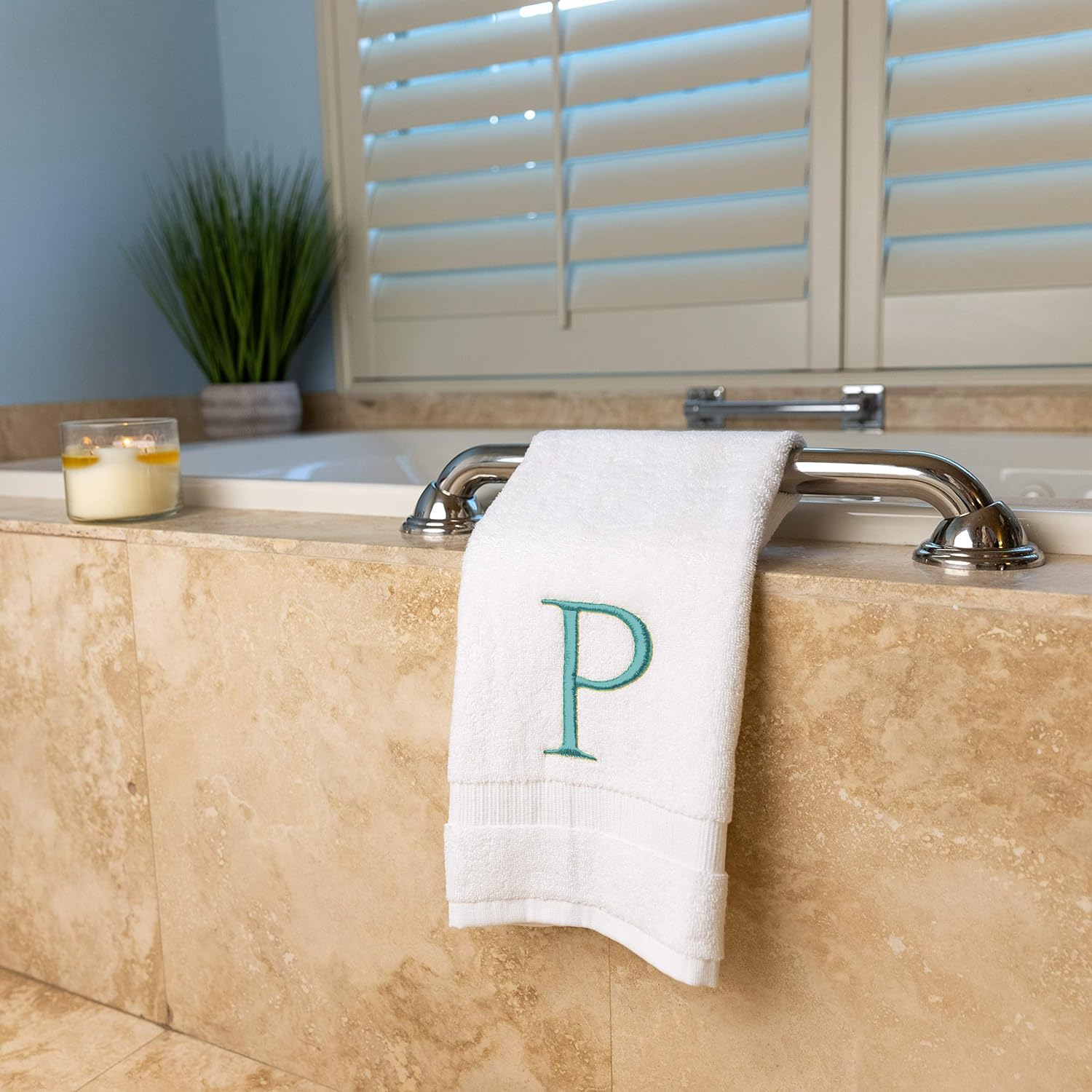 White with Teal Monogrammed Hand Towels for Bathroom - Set of 2 Letter P | Luxury Hotel Quality Initial Towels For