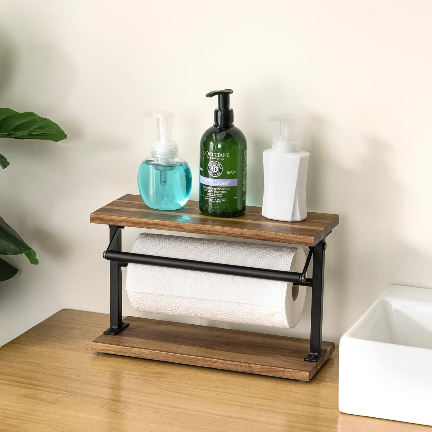 MyGift Acacia Wood Paper Towel Holder, Black Metal Frame & Top Shelf | Acacia wood holder keeps paper towel rolls