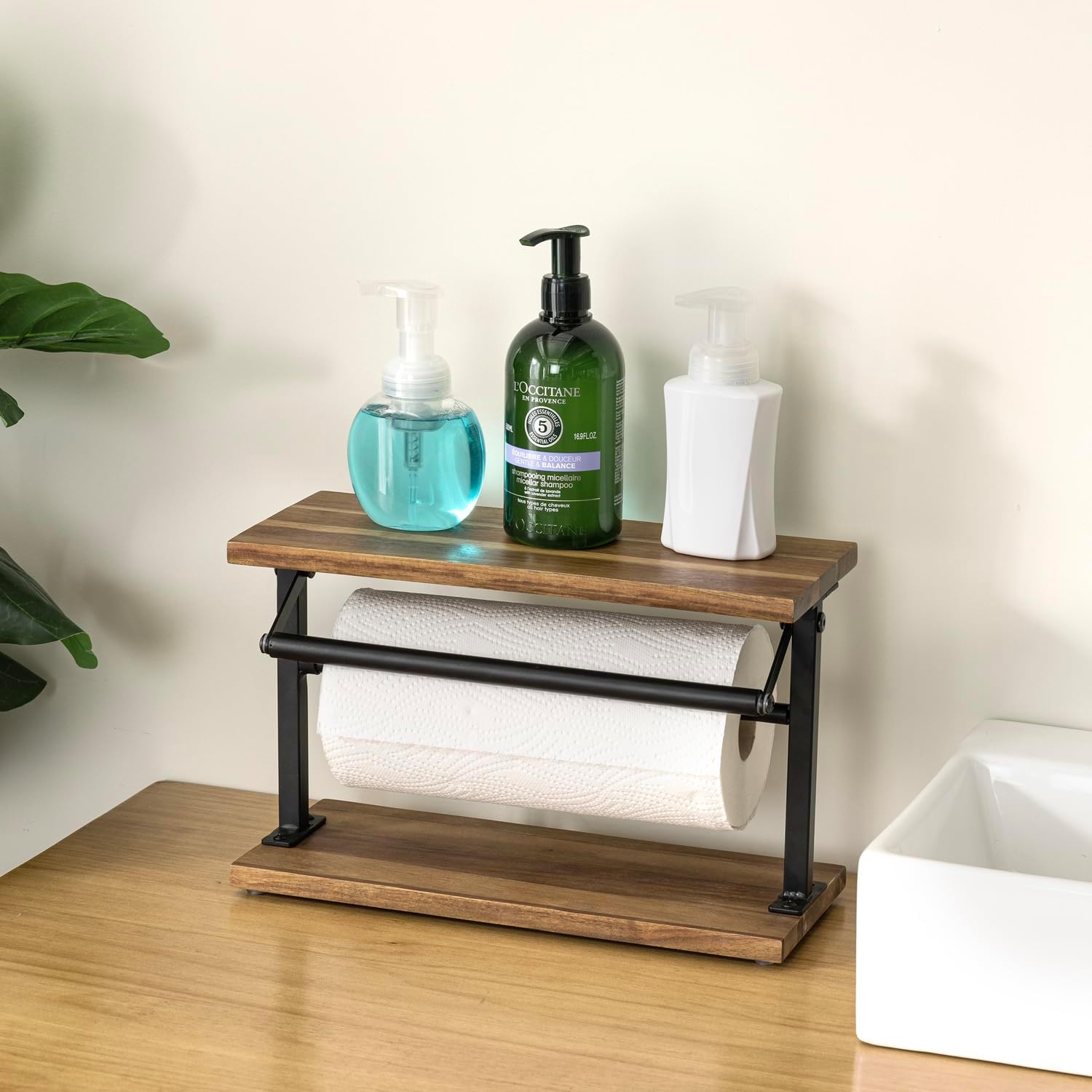 MyGift Acacia Wood Paper Towel Holder, Black Metal Frame & Top Shelf | Acacia wood holder keeps paper towel rolls