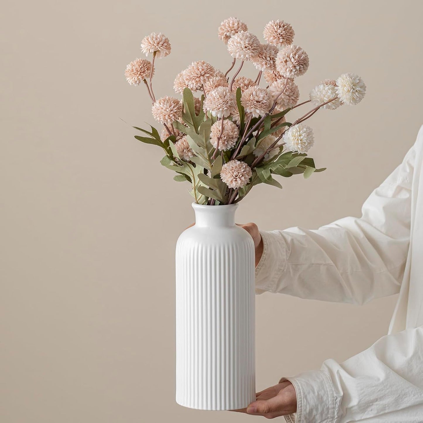 Modern Textured Decorative Vase / Matte Glaze White / 10 Inch