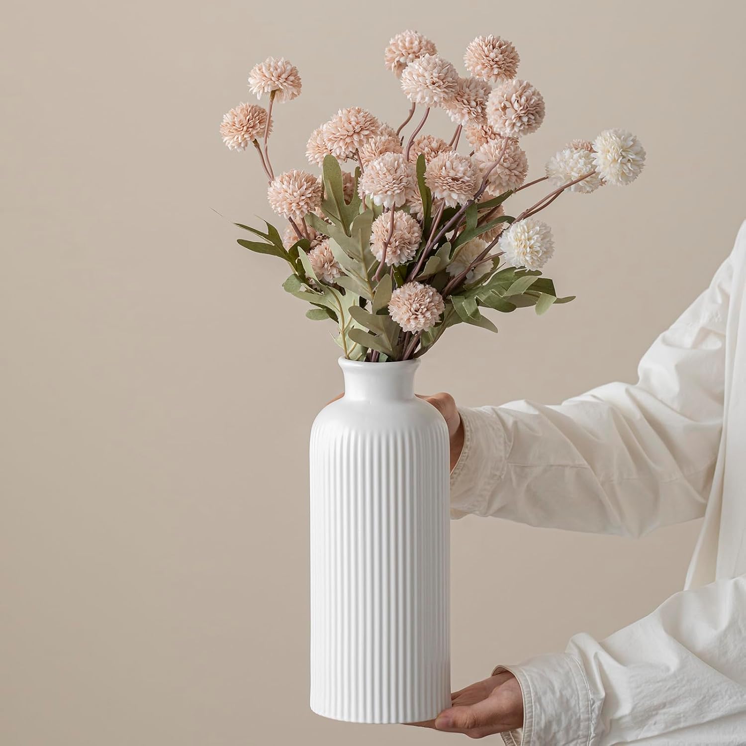 Modern Textured Decorative Vase / Matte Glaze White / 10 Inch
