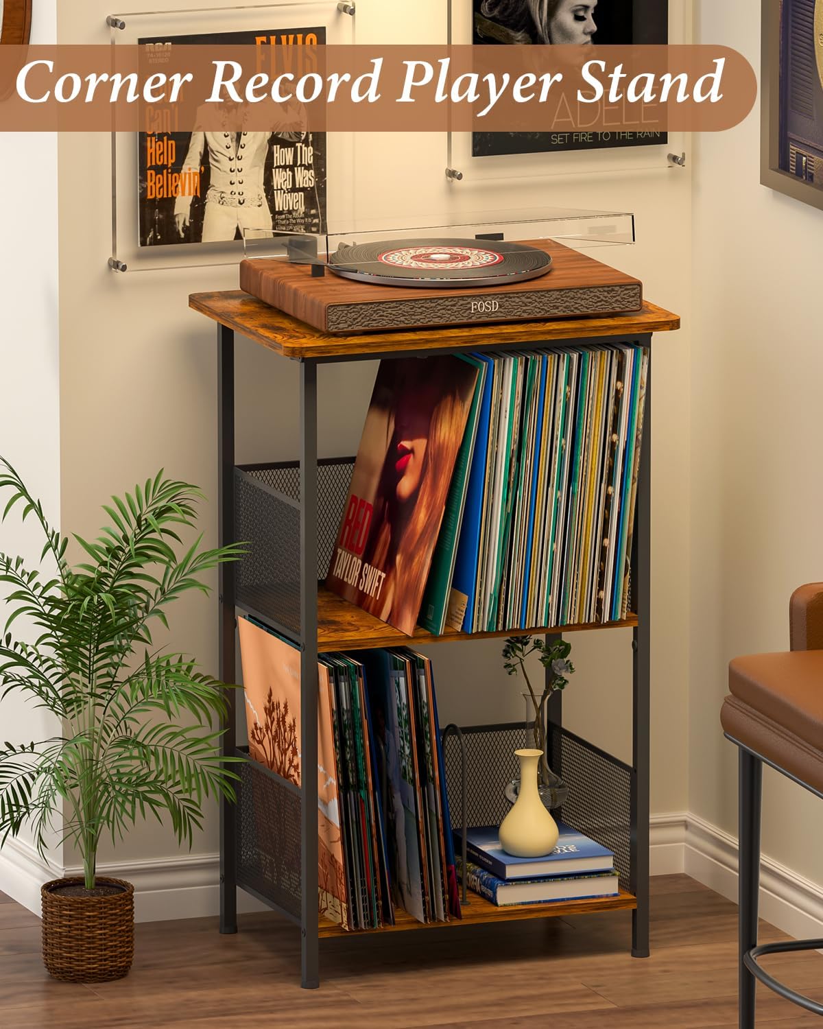 Honkazita 3 Tier Vinyl Record Storage Table Wooden Turntable Stand | holds up to 200 albums, now playing vinyl record