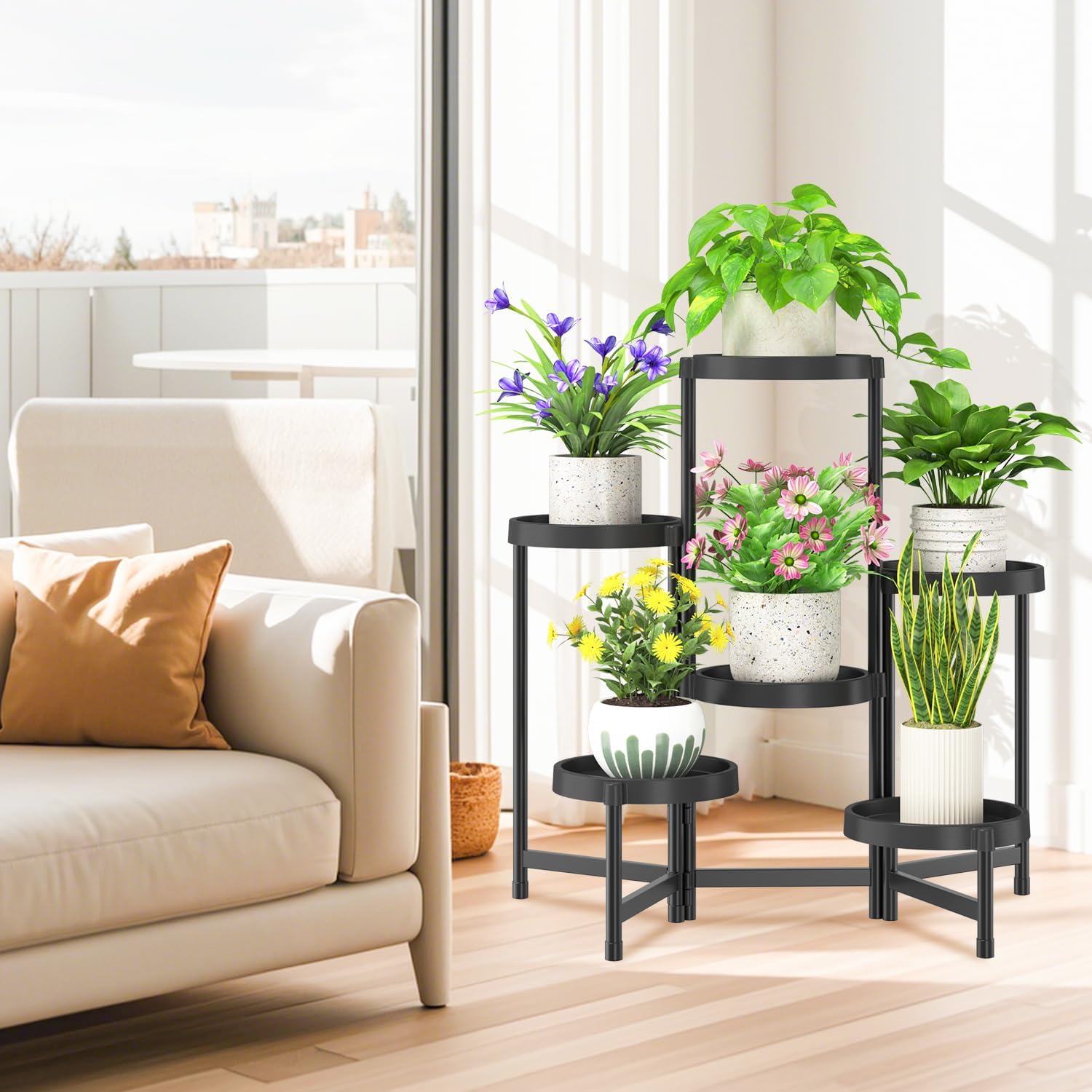 iDavosic.ly 6 Tier Folding Plant Stand Indoor Outdoor, Plastic Tray, Black | Space Saving Tiered Corner Storage Display
