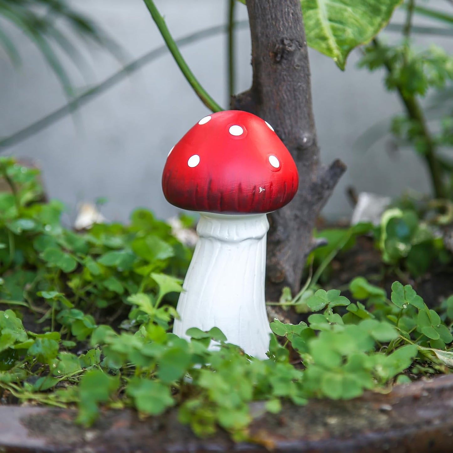 White Ceramic Toadstool Sculptures / Red / 5.5 Inch / Set of 2